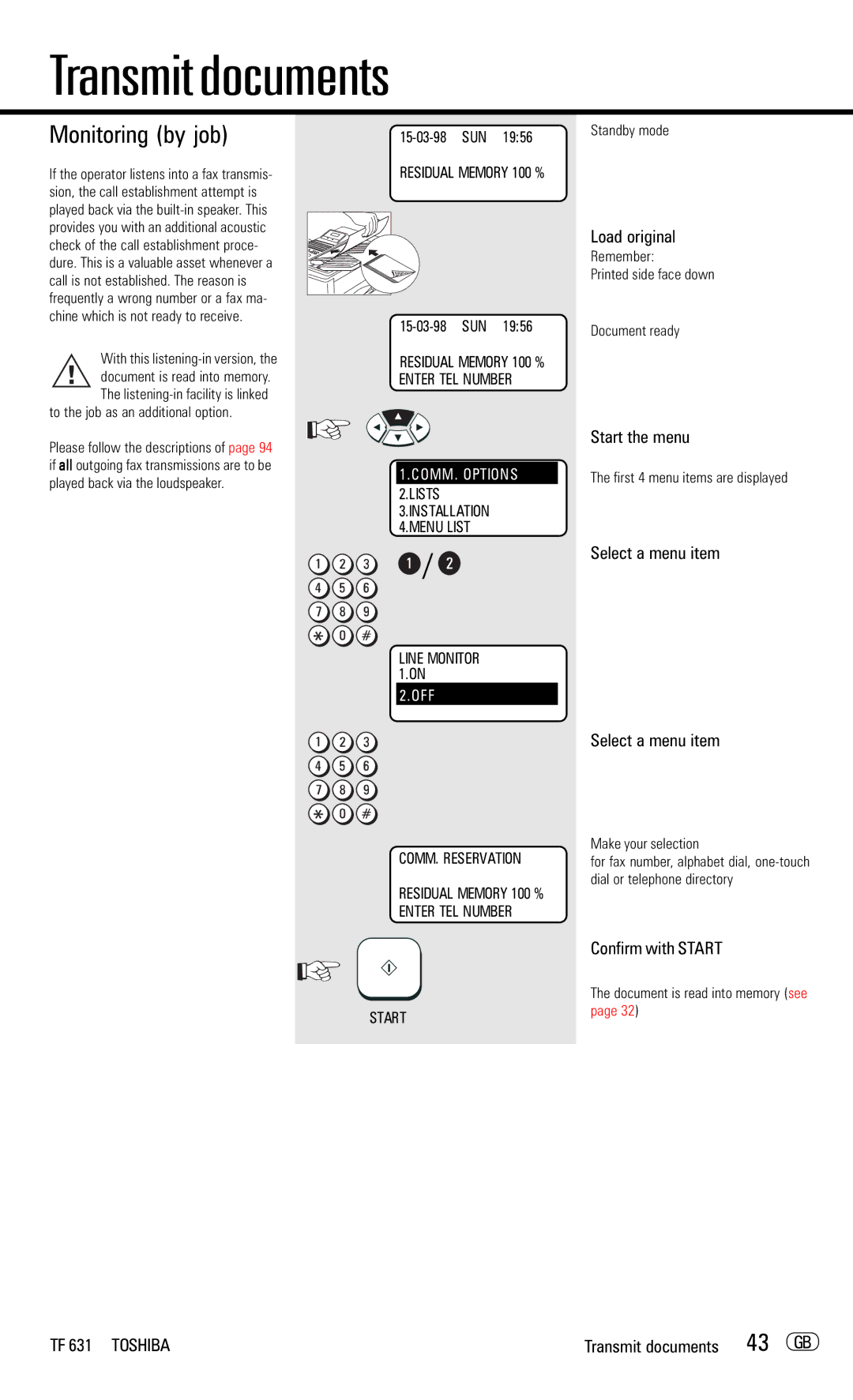 Toshiba TF 631 manual Monitoring by job, Transmit documents 43 GB 