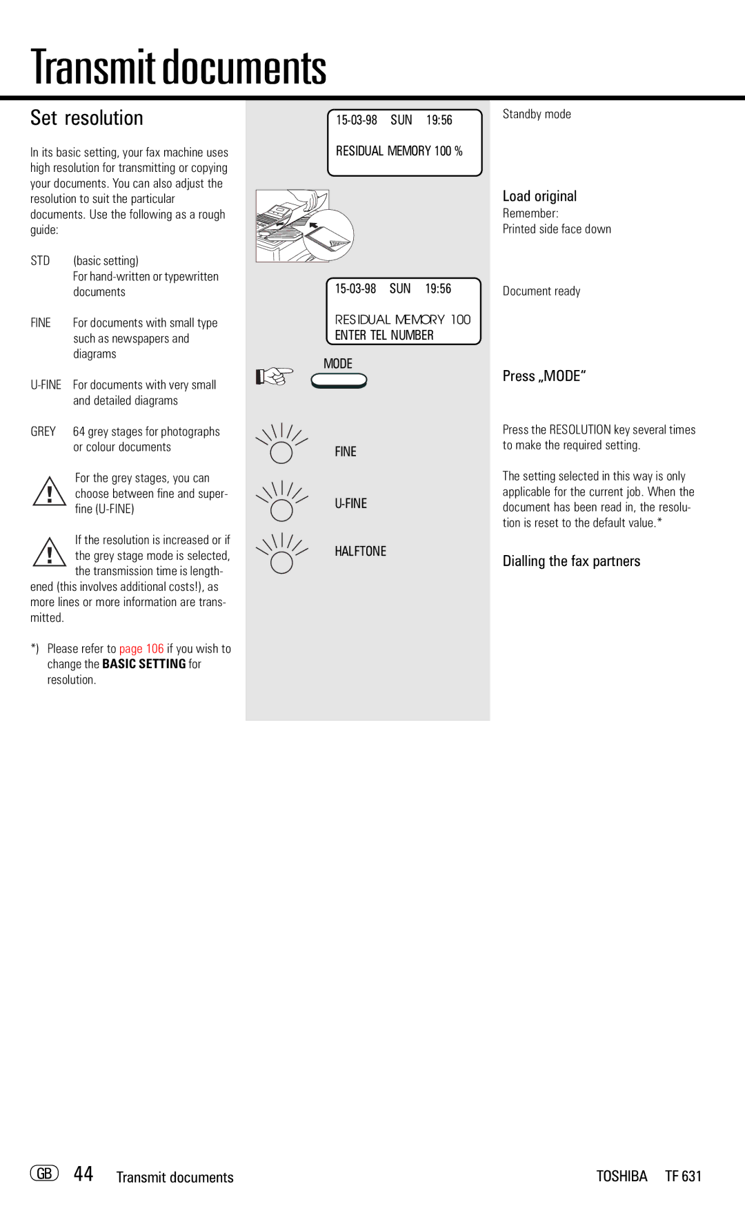 Toshiba TF 631 manual Set resolution, Press „MODE, Dialling the fax partners GB 44 Transmit documents 