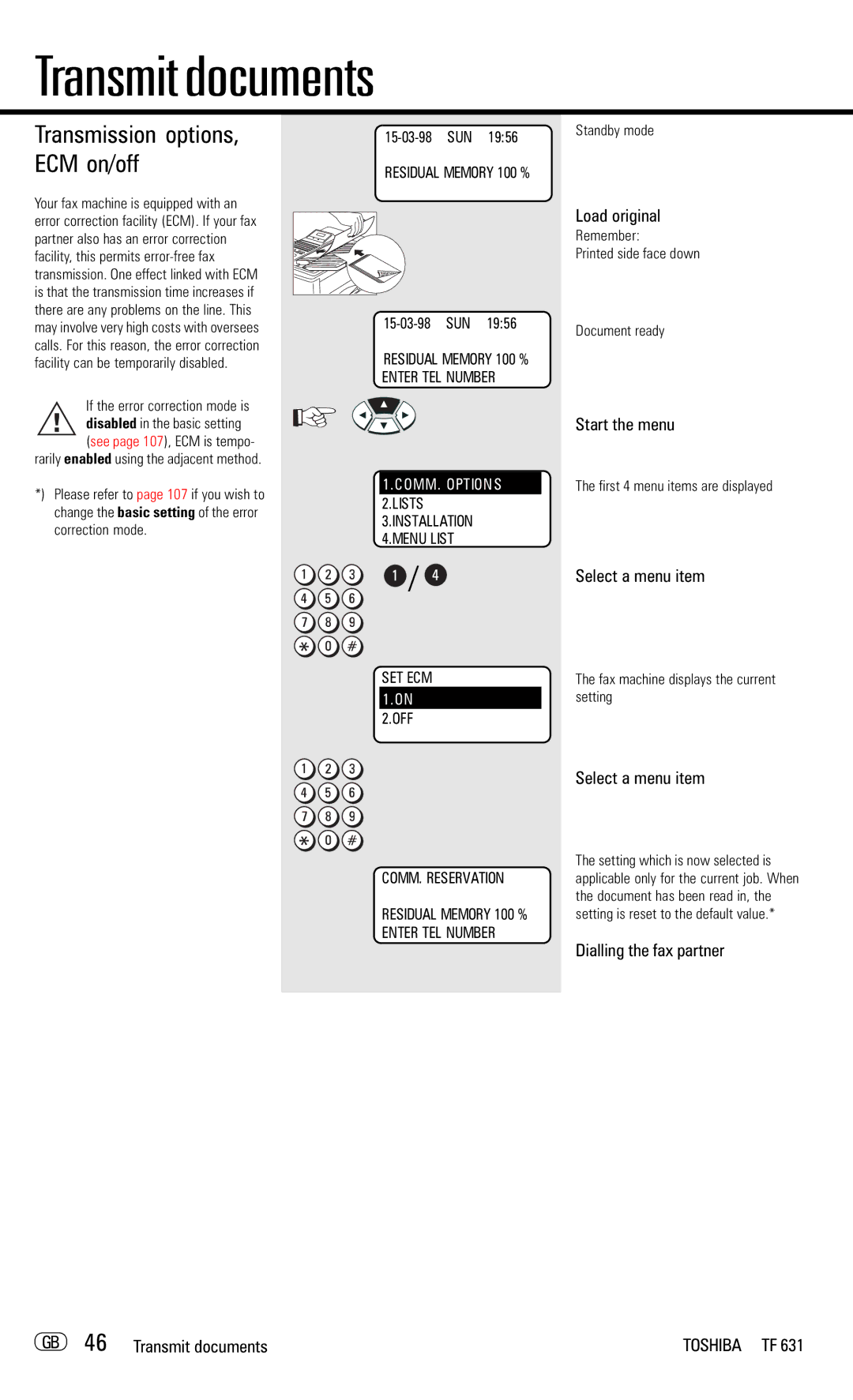 Toshiba TF 631 manual Correction mode, Fax machine displays the current setting 