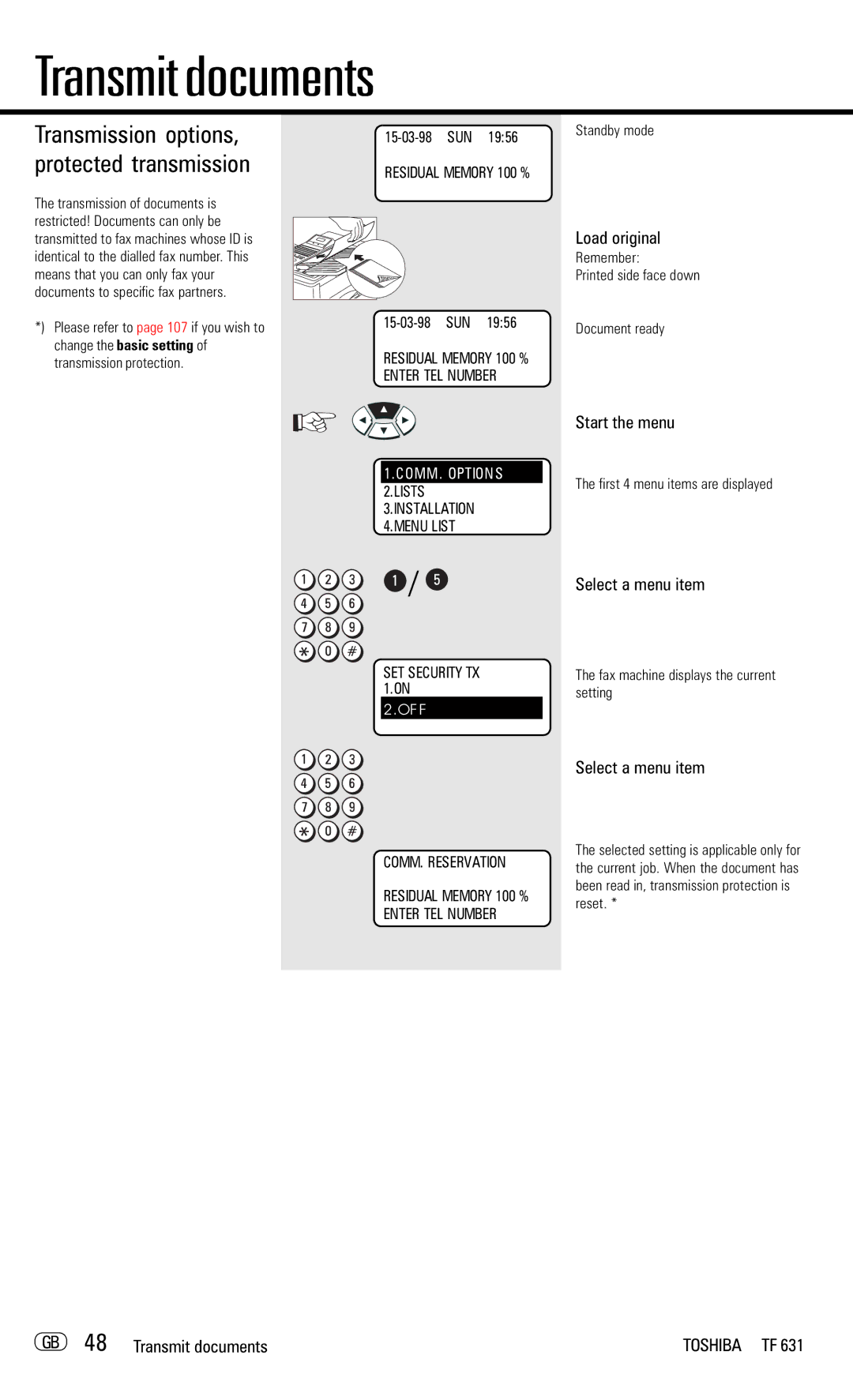 Toshiba TF 631 manual Transmission options, protected transmission, GB 48 Transmit documents, Transmission protection 