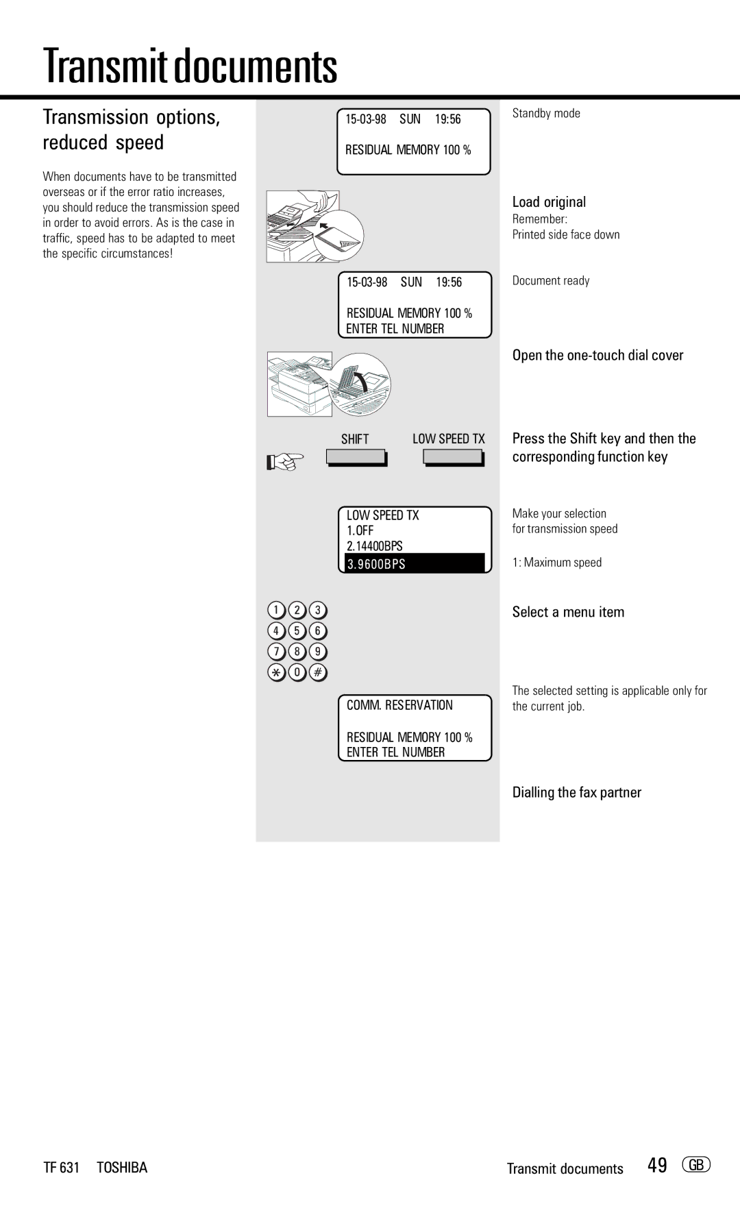 Toshiba TF 631 Transmission options, reduced speed, Transmit documents 49 GB, Press the Shift key and then, Maximum speed 