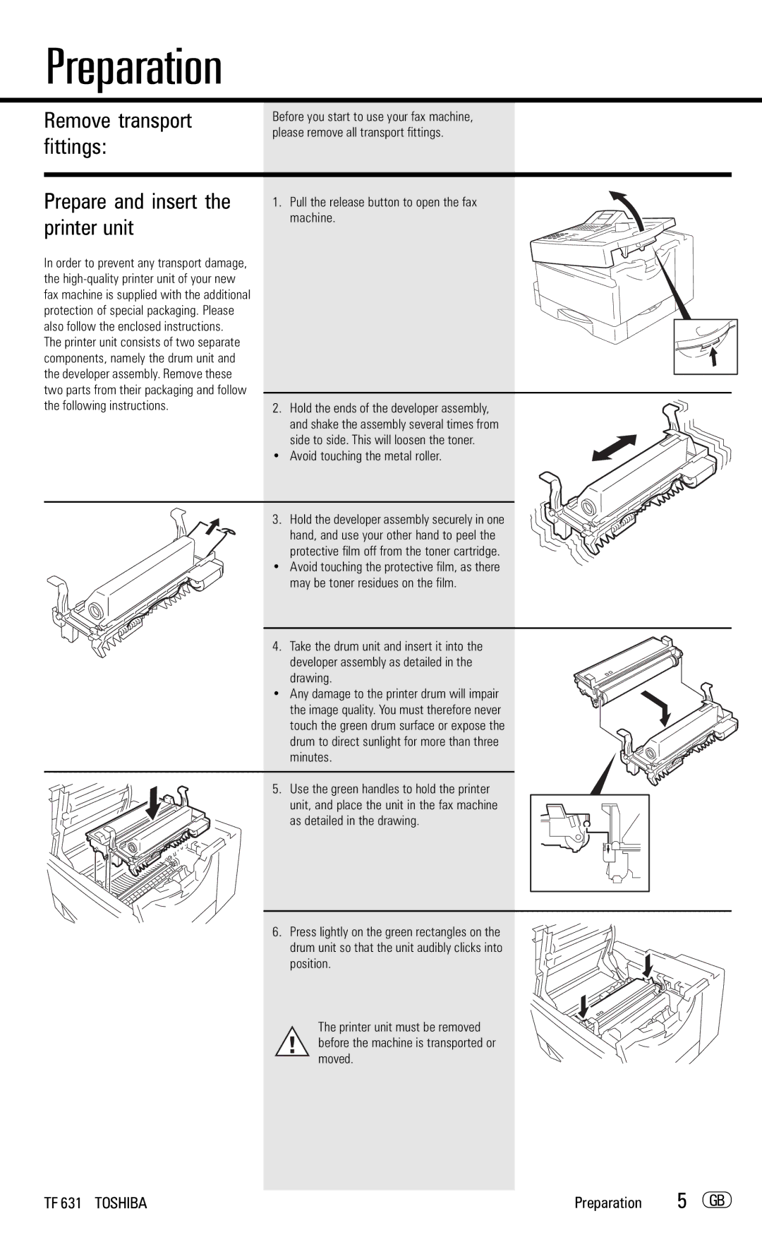 Toshiba TF 631 manual Preparation, Prepare and insert, Printer unit, Remove transport fittings 