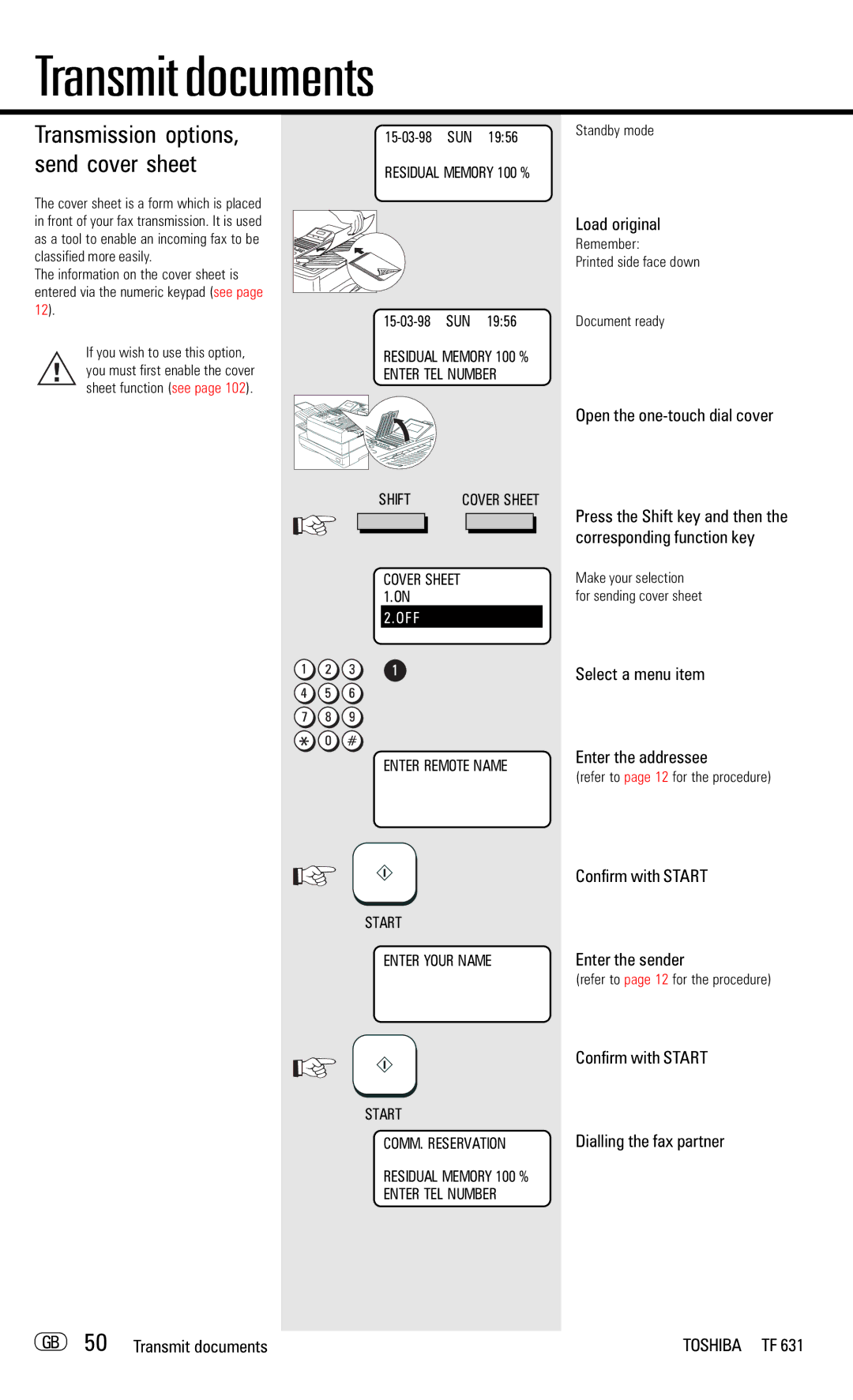 Toshiba TF 631 manual Transmission options, send cover sheet, Select a menu item Enter the addressee 