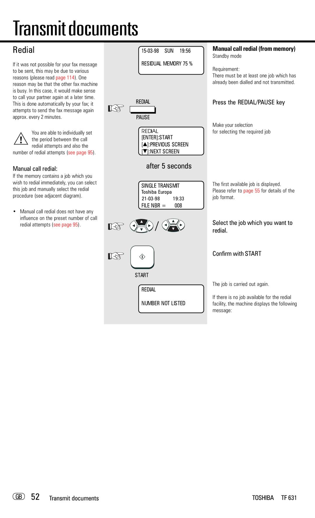 Toshiba TF 631 manual Redial, Manual call redial from memory, Press the REDIAL/PAUSE key 