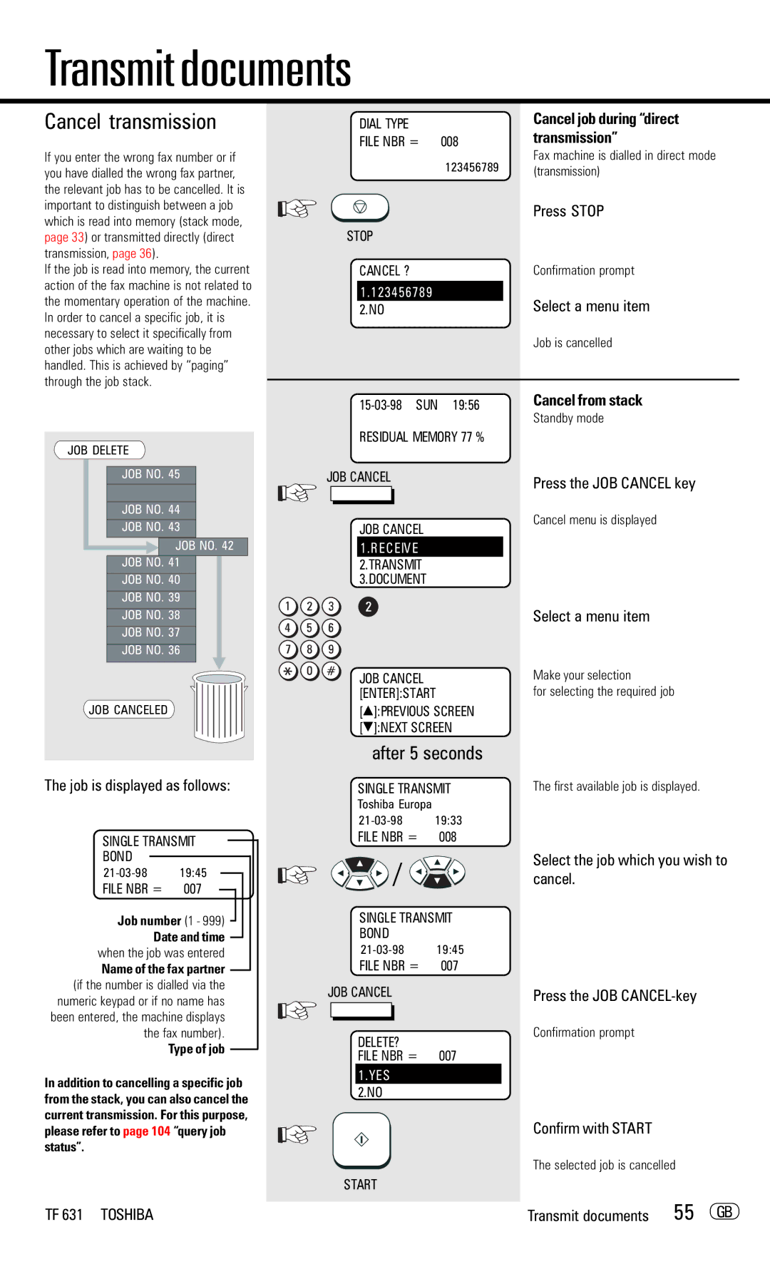 Toshiba TF 631 Cancel transmission, Press Stop, Job is displayed as follows, Cancel from stack, Transmit documents 55 GB 