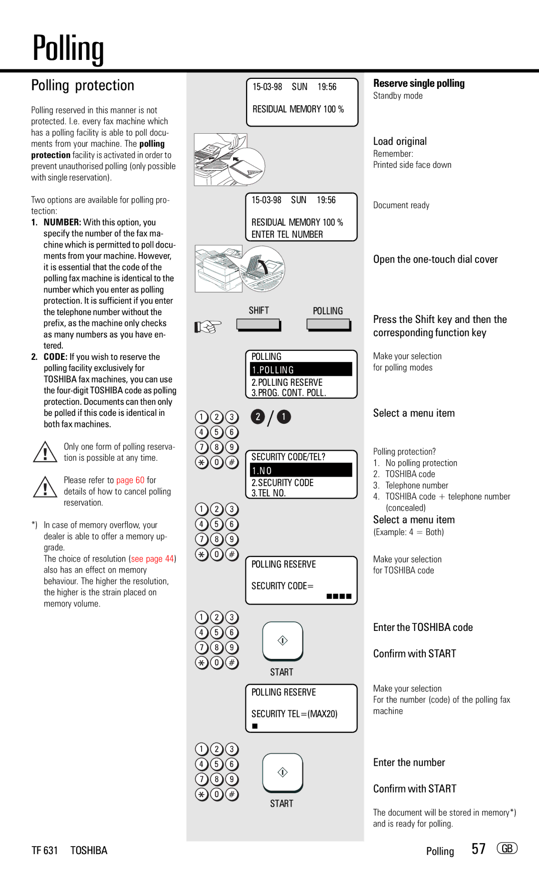 Toshiba TF 631 Polling protection, 57 GB, Enter the Toshiba code Confirm with Start, Enter the number Confirm with Start 