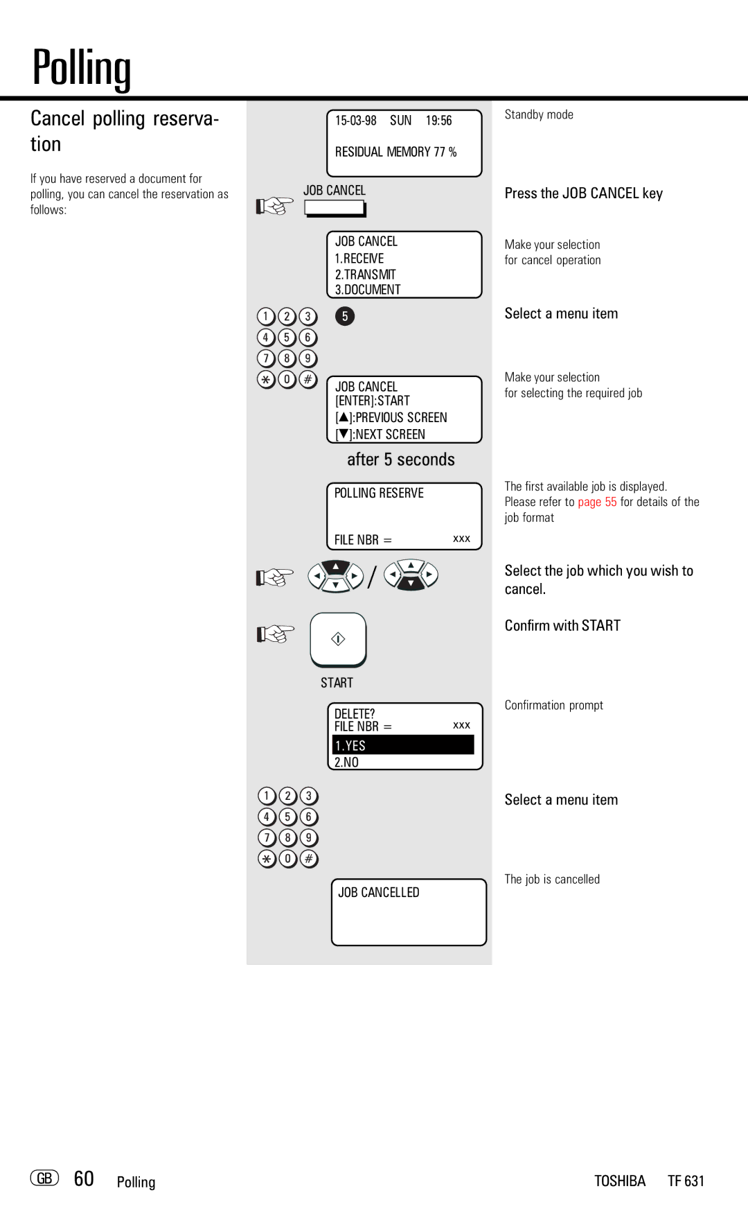 Toshiba TF 631 Cancel polling reserva- tion, Select the job which you wish to cancel Confirm with Start, GB 60 Polling 