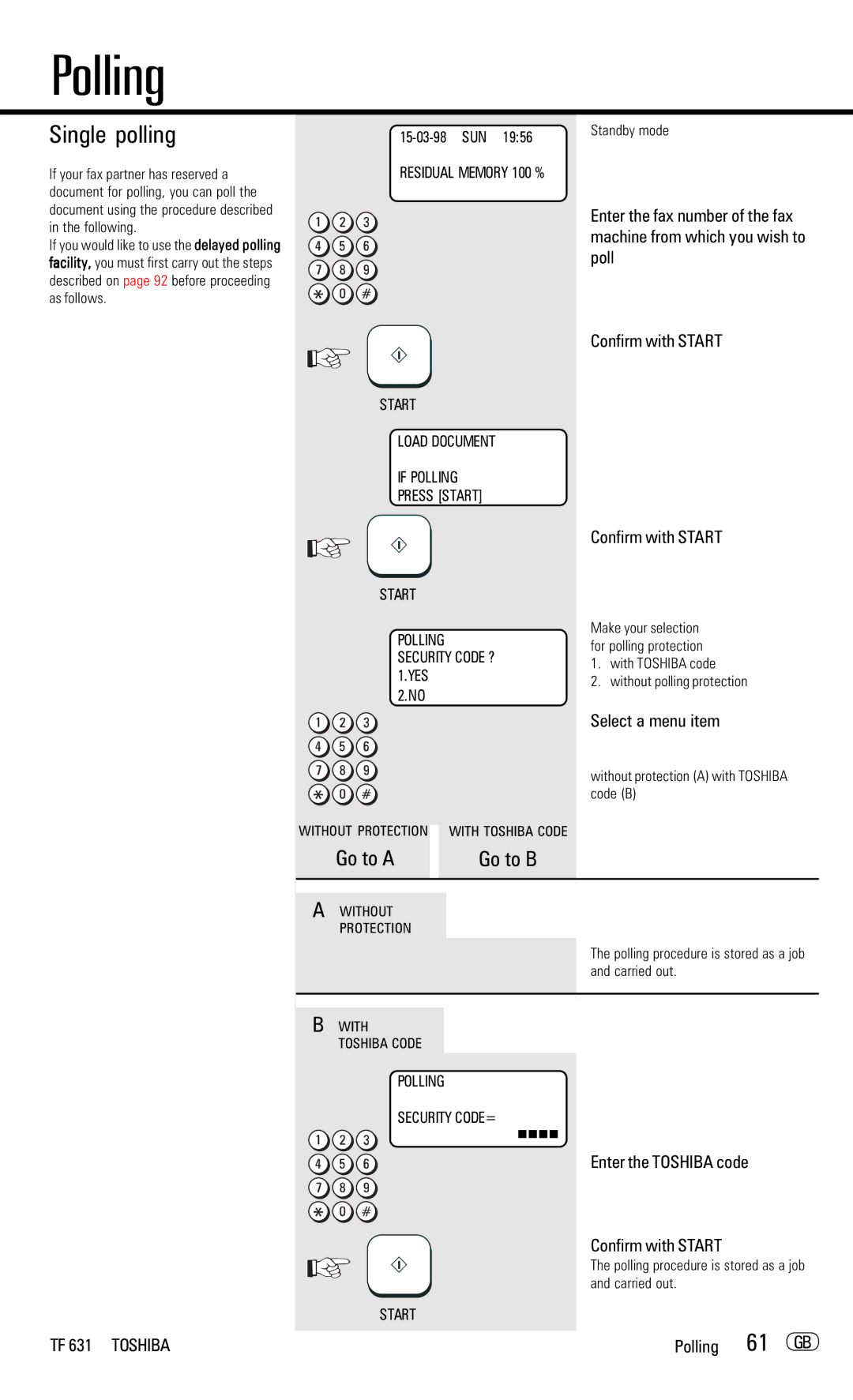 Toshiba TF 631 manual Single polling, 61 GB, Go to B 