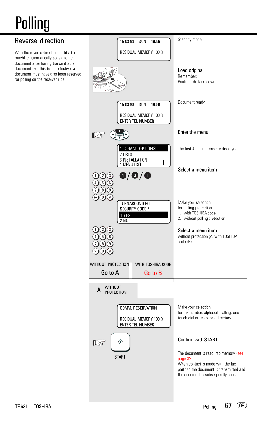 Toshiba TF 631 manual Reverse direction, 67 GB, Enter the menu 