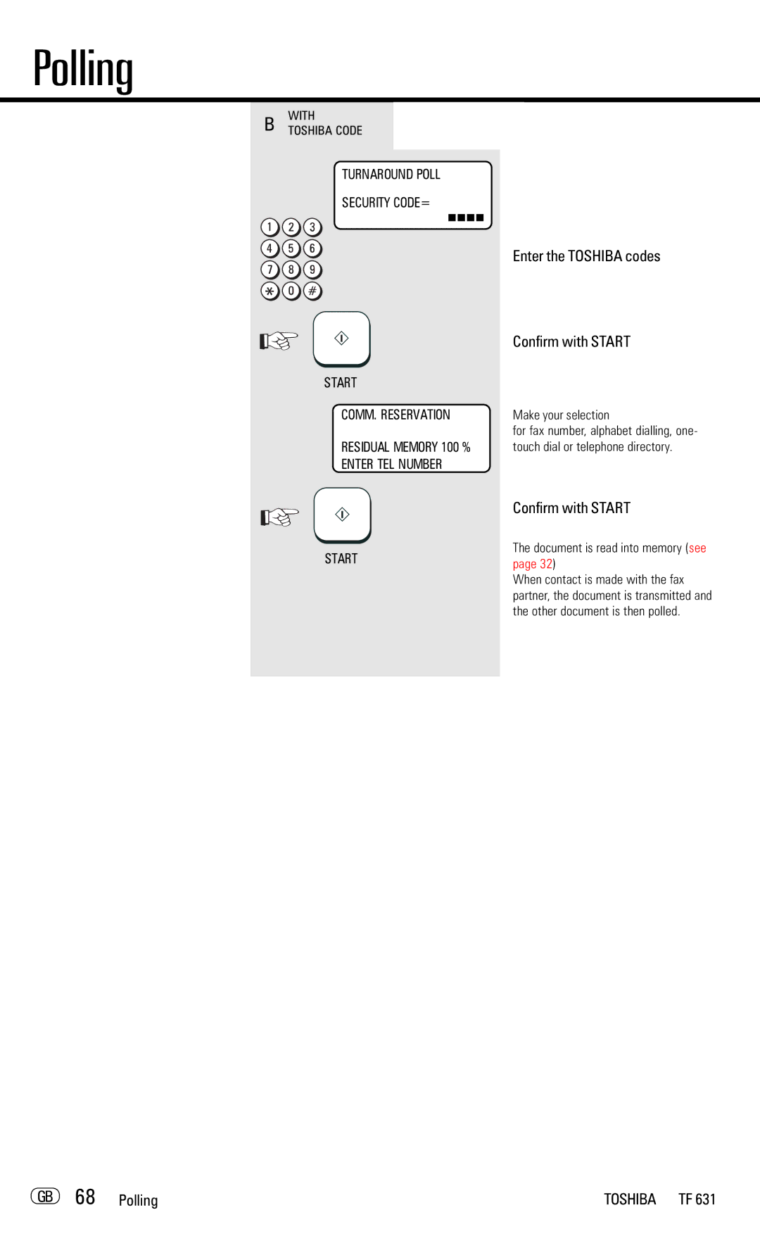 Toshiba TF 631 manual Enter the Toshiba codes Confirm with Start, GB 68 Polling 