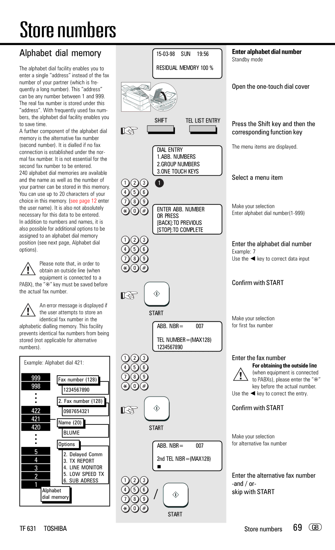 Toshiba TF 631 manual Store numbers, Alphabet dial memory, 69 GB, Enter alphabet dial number 