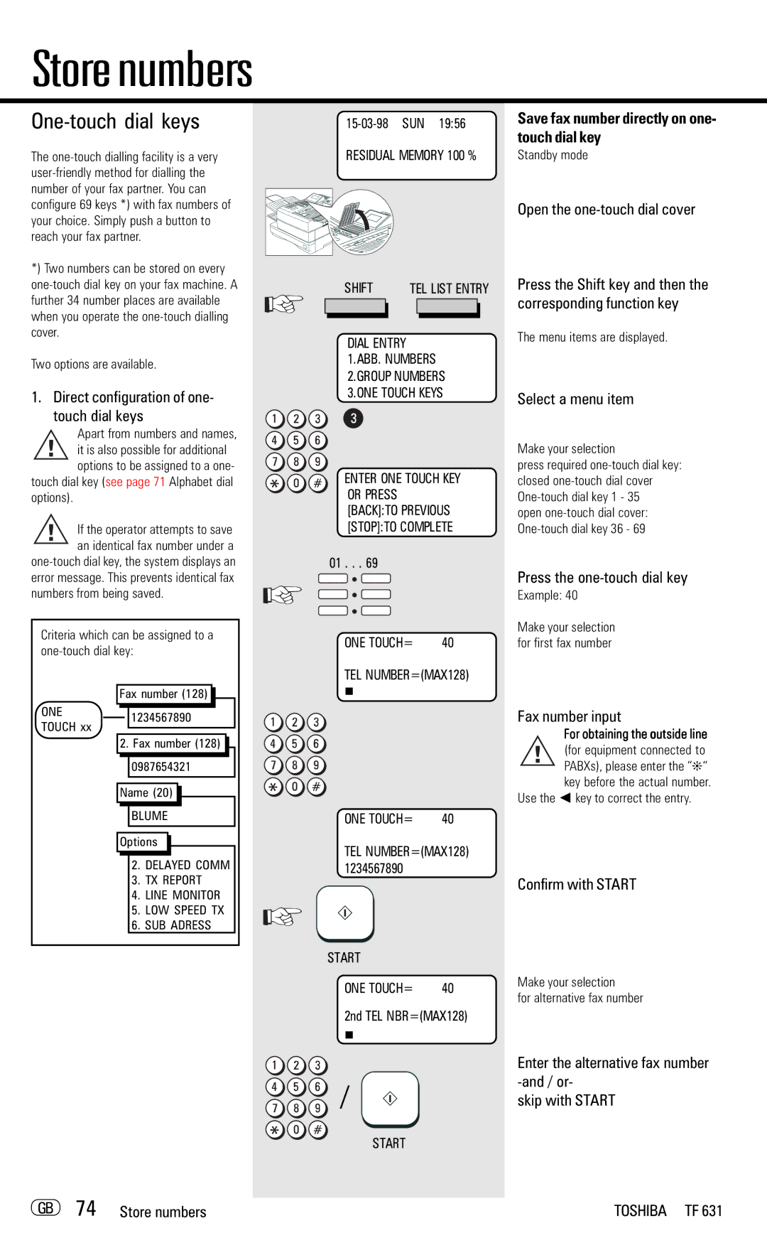Toshiba TF 631 manual One-touch dial keys, Direct configuration of one- touch dial keys, Fax number input 