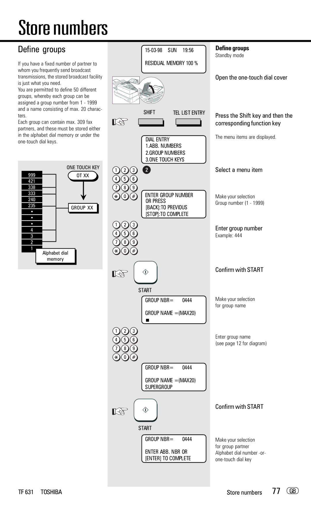 Toshiba TF 631 manual Define groups, 77 GB, Enter group number 