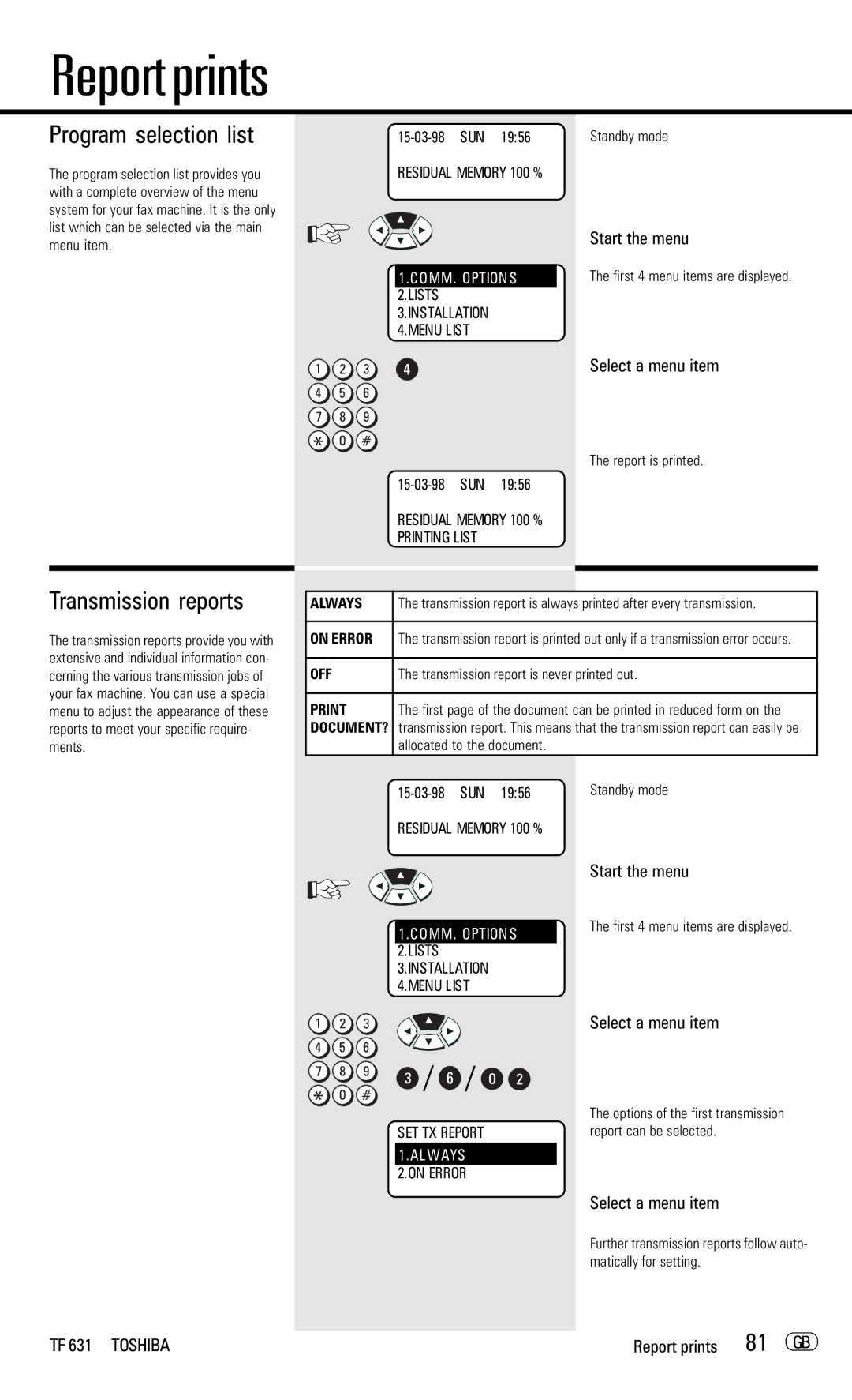 Toshiba TF 631 manual Report prints, Program selection list, Transmission reports, 81 GB 