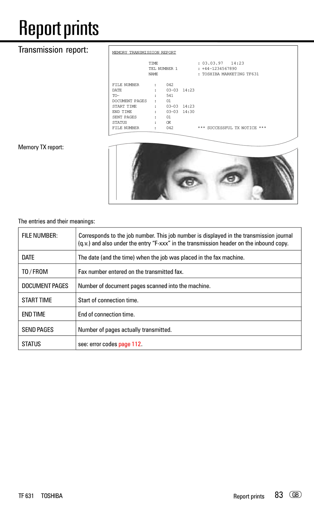 Toshiba TF 631 manual Transmission report, 83 GB 