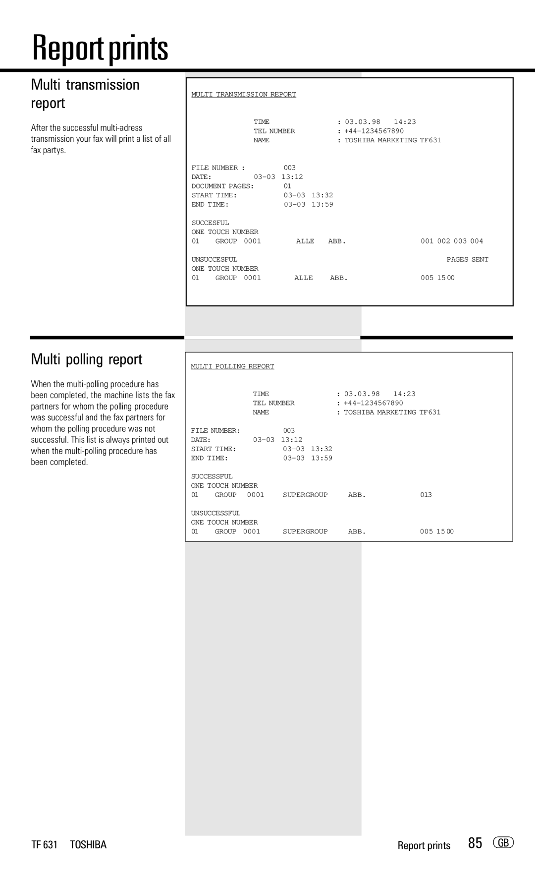 Toshiba TF 631 manual Multi polling report, 85 GB, Multi transmission report 