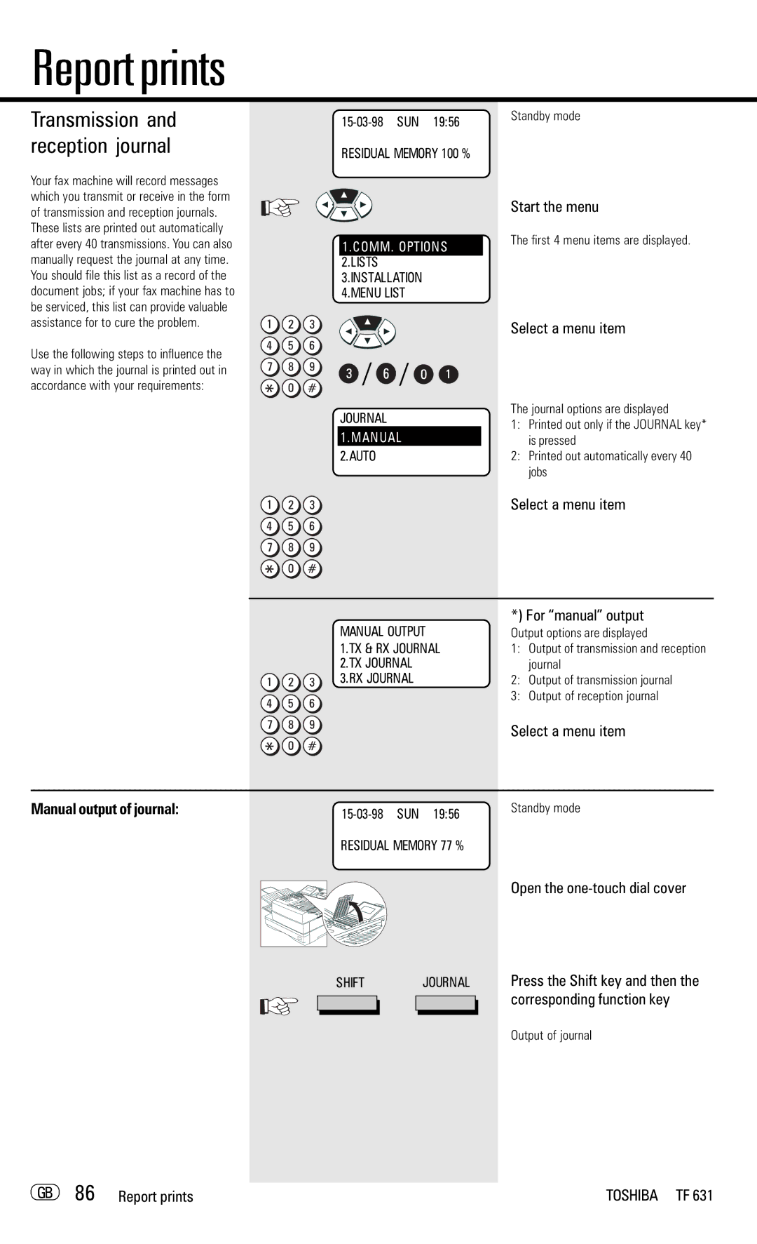 Toshiba TF 631 Transmission and reception journal, Select a menu item For manual output, GB 86 Report prints 