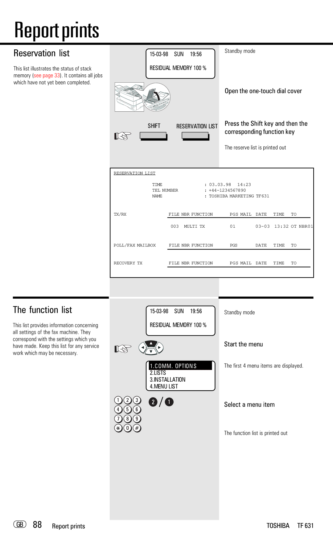 Toshiba TF 631 manual Reservation list, Function list, GB 88 Report prints 