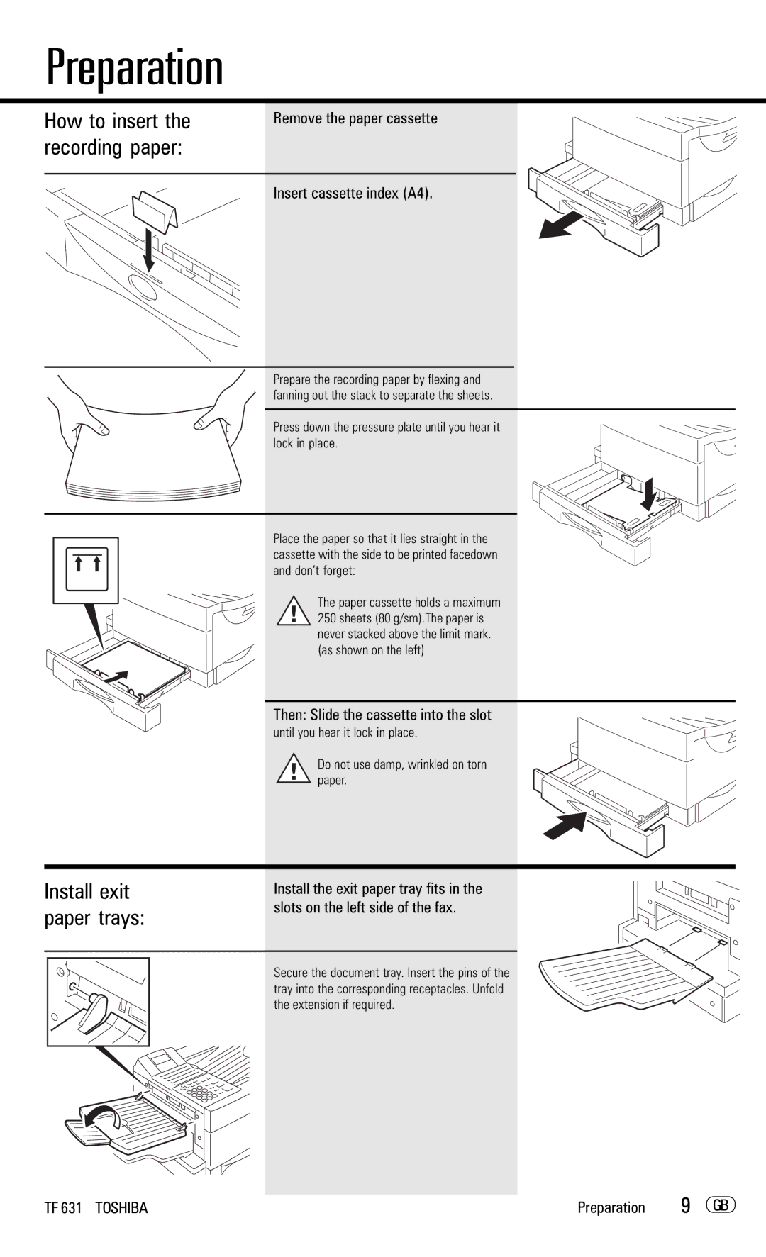 Toshiba TF 631 manual How to insert the recording paper, Install exit paper trays, Then Slide the cassette into the slot 