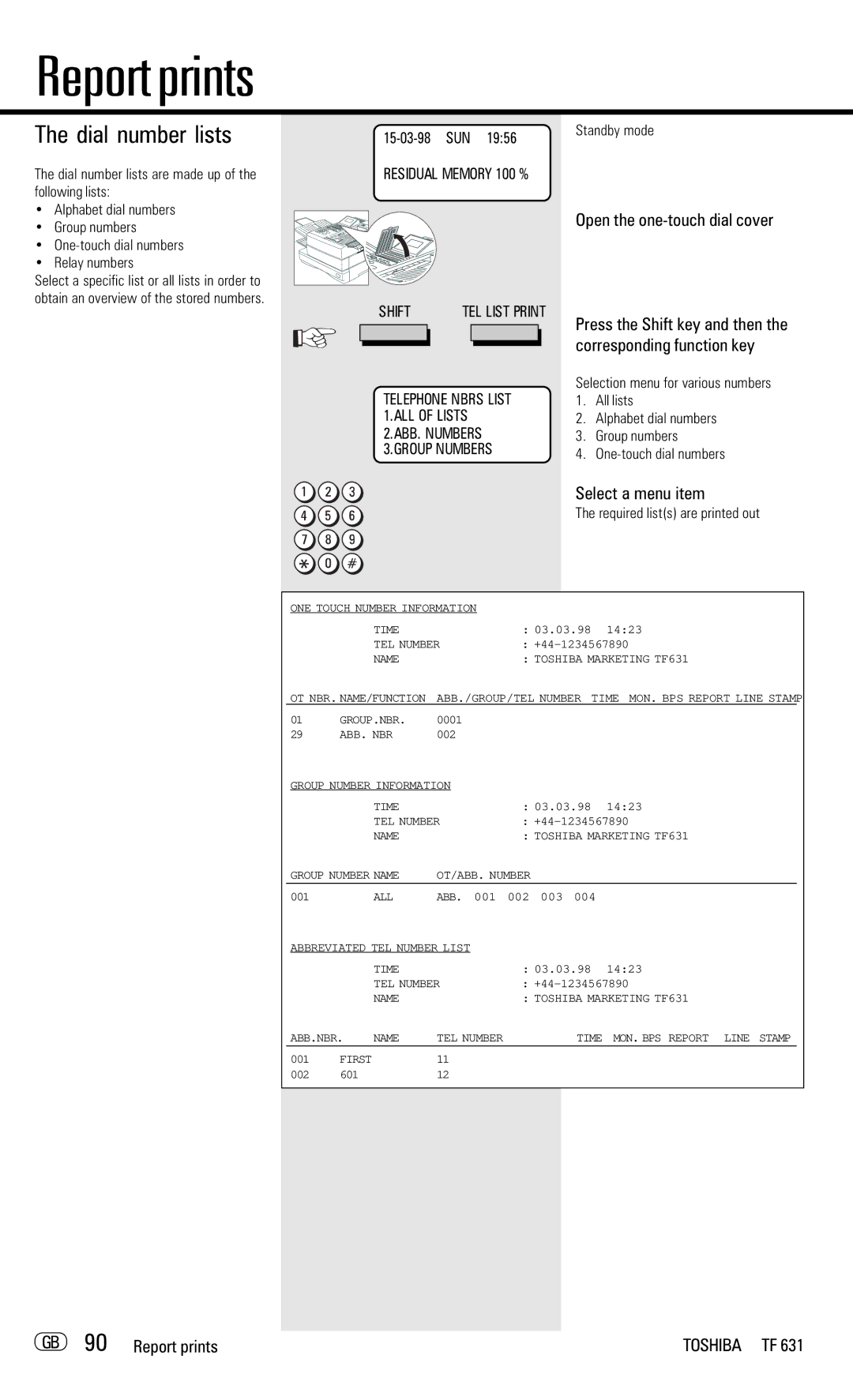 Toshiba TF 631 manual Dial number lists, GB 90 Report prints, Required lists are printed out 