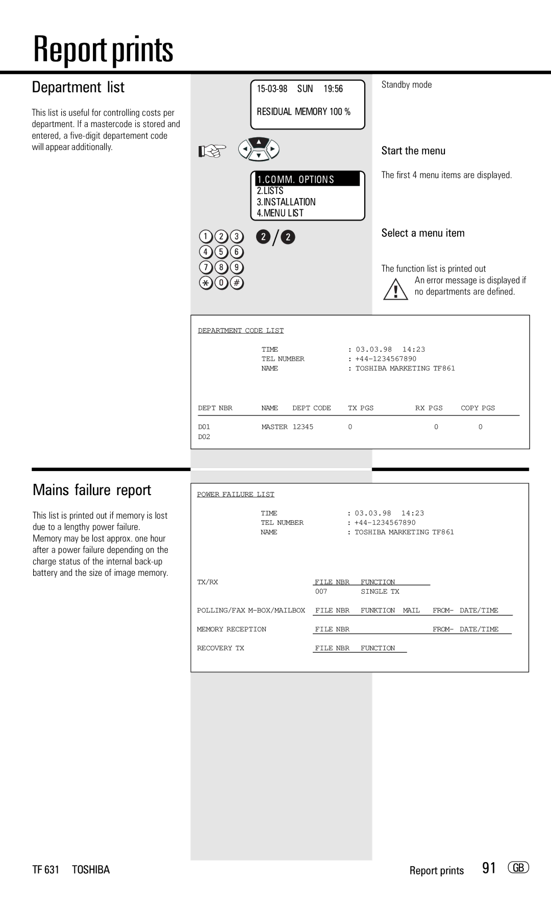 Toshiba TF 631 manual Department list, Mains failure report, 91 GB, This list is printed out if memory is lost 