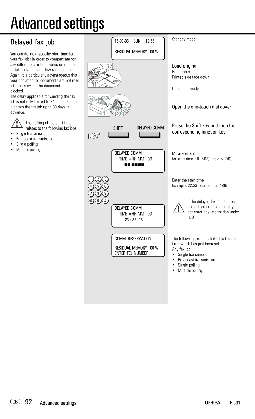 Toshiba TF 631 manual Delayed fax job, GB 92 Advanced settings, Nnnnnn, 23 33 