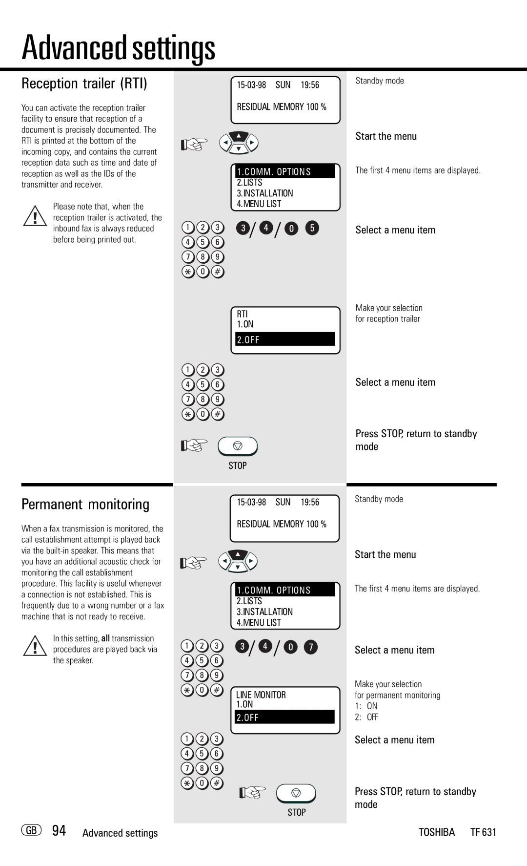 Toshiba TF 631 manual Reception trailer RTI, Permanent monitoring, GB 94 Advanced settings 