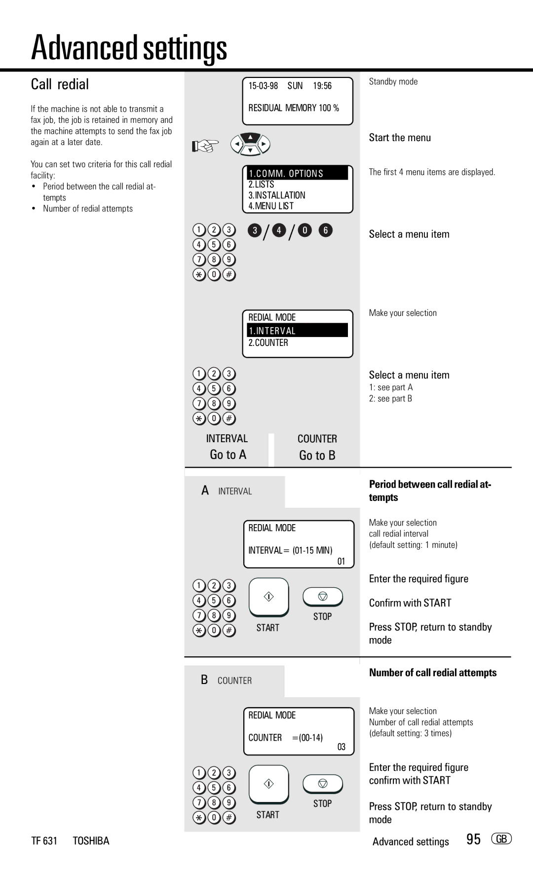 Toshiba TF 631 manual Call redial, Go to a, Period between call redial at- tempts, Number of call redial attempts 