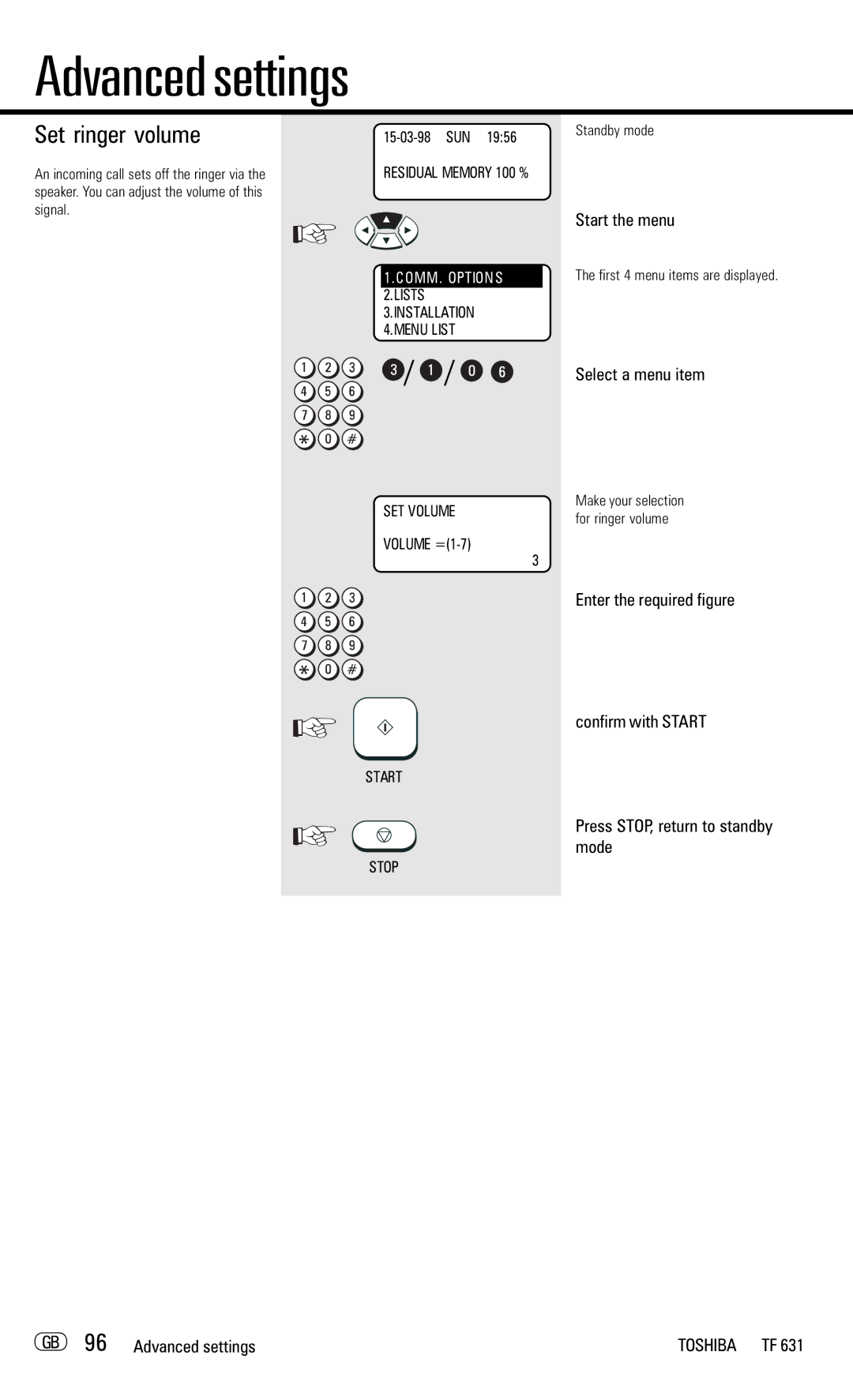 Toshiba TF 631 manual Advanced settings, Set ringer volume 