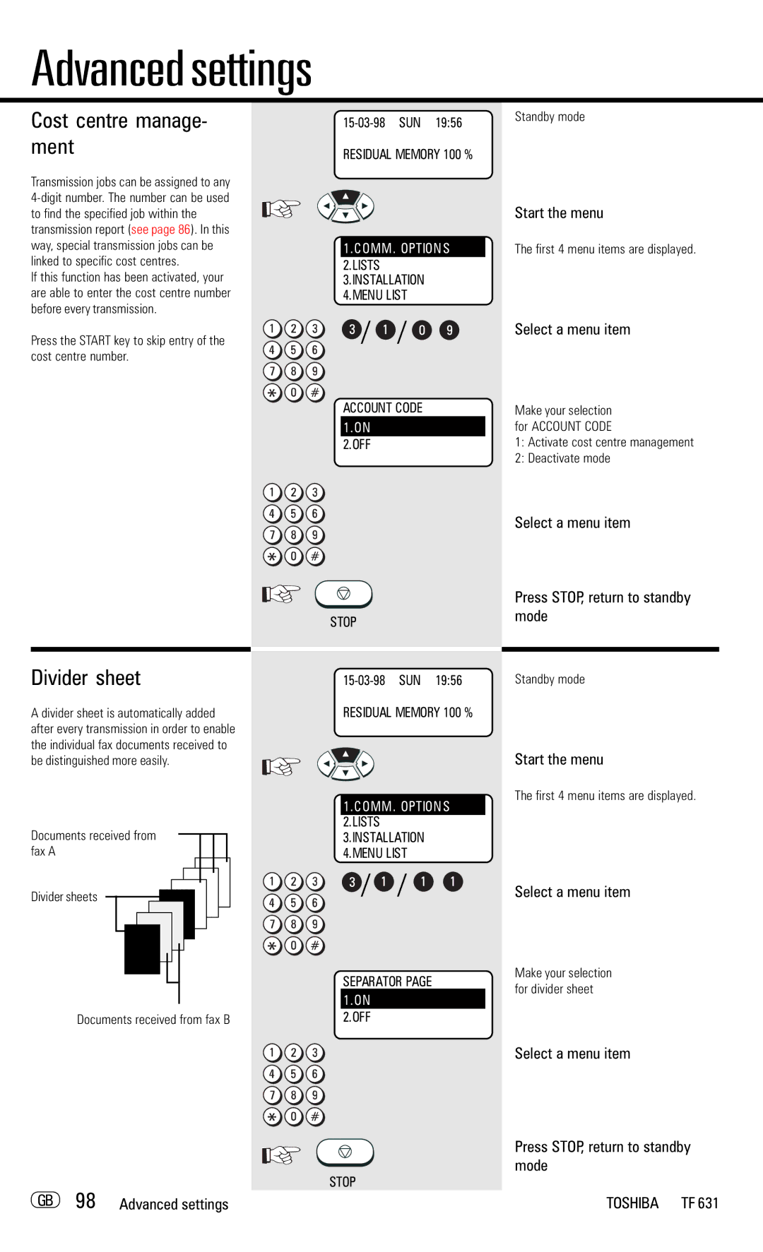 Toshiba TF 631 manual Cost centre manage- ment, Divider sheet, GB 98 Advanced settings 