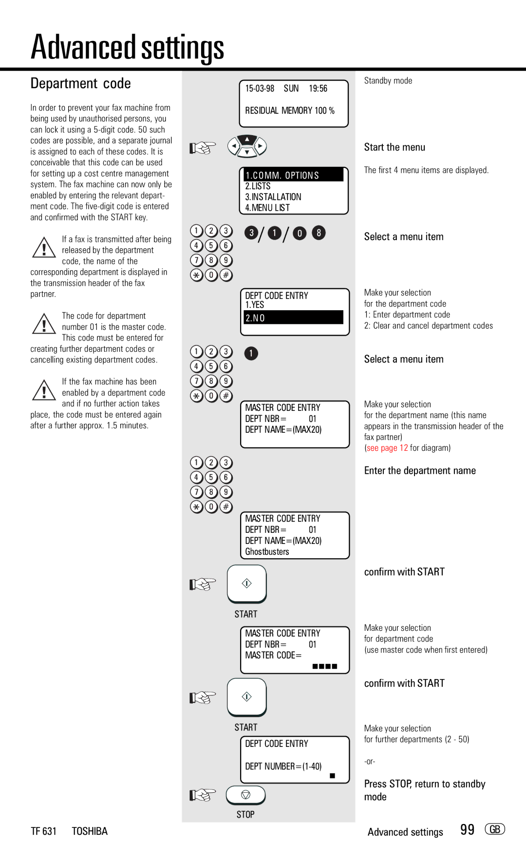 Toshiba TF 631 Department code, 99 GB, Enter the department name Confirm with Start, Use master code when first entered 