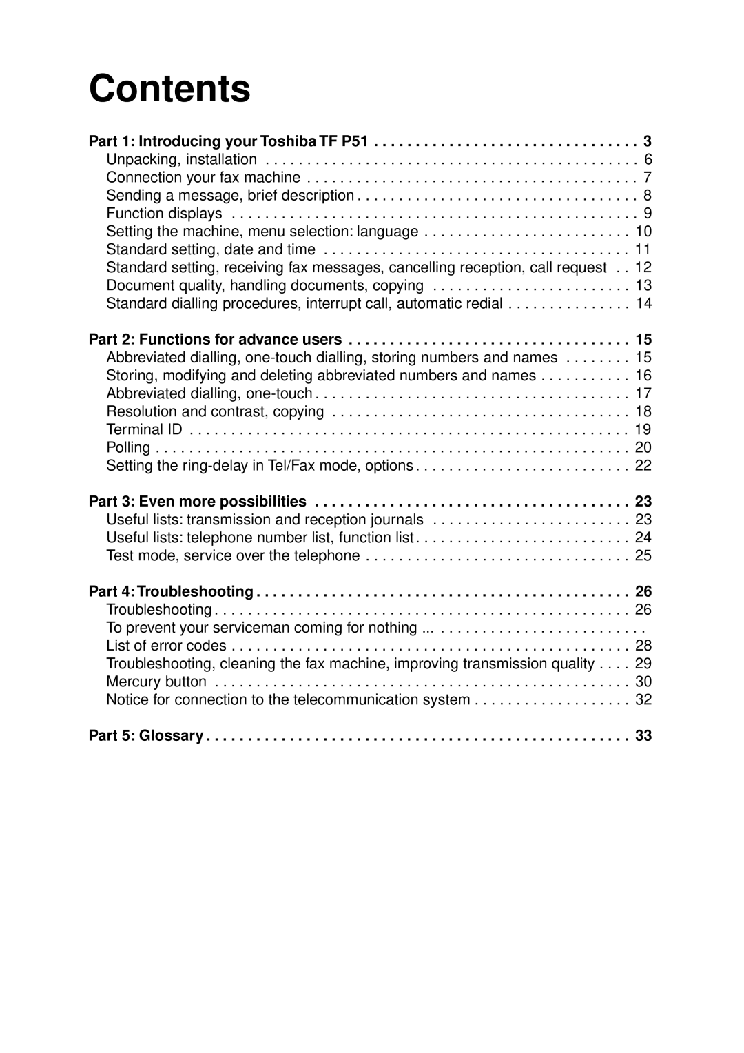 Toshiba TF P51 instruction manual Contents 