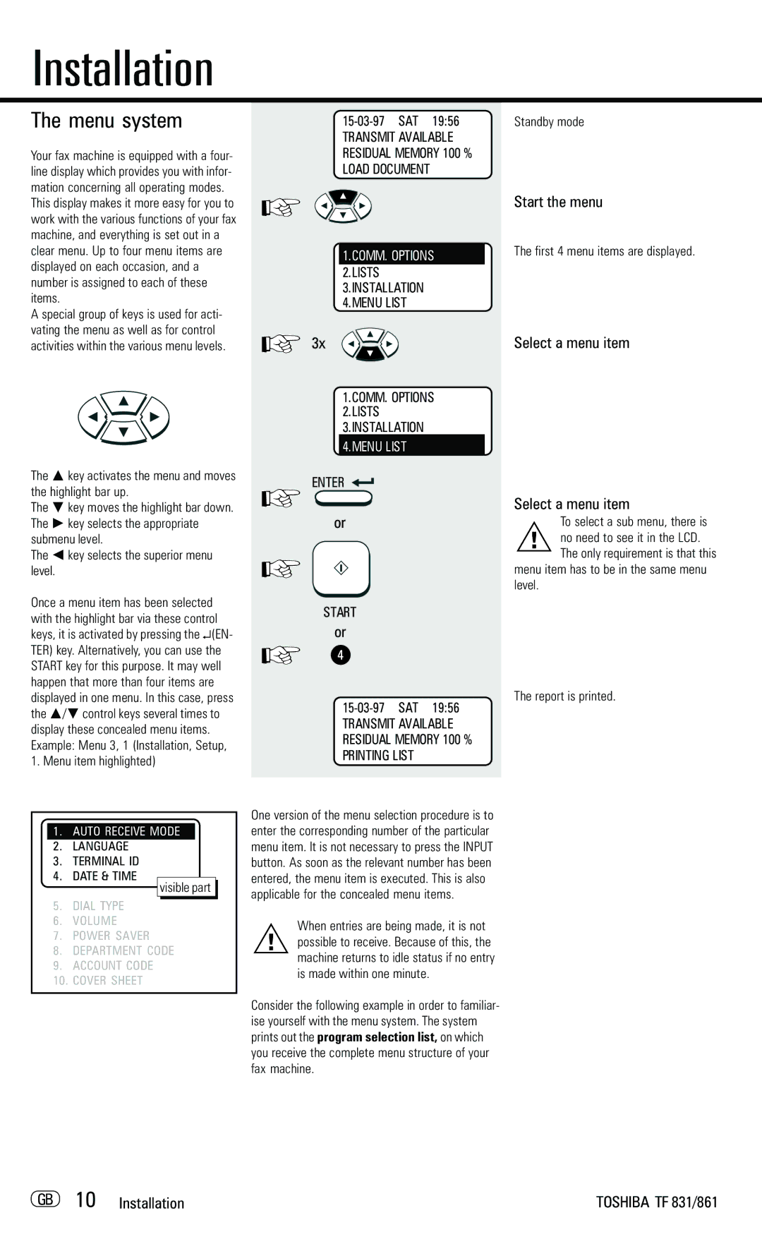 Toshiba TF831/861 manual Menu system, Start the menu, Select a menu item, GB 10 Installation 