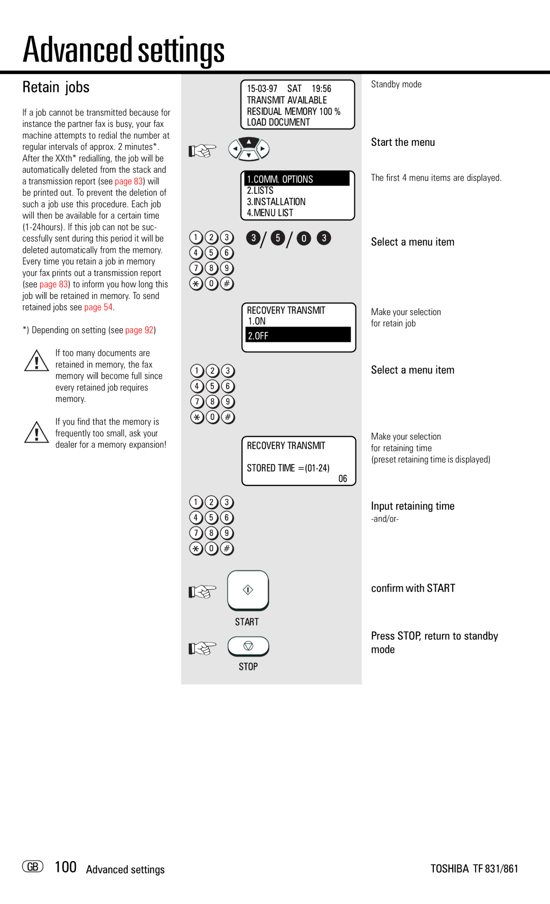 Toshiba TF831/861 manual Retain jobs, Input retaining time, Preset retaining time is displayed 