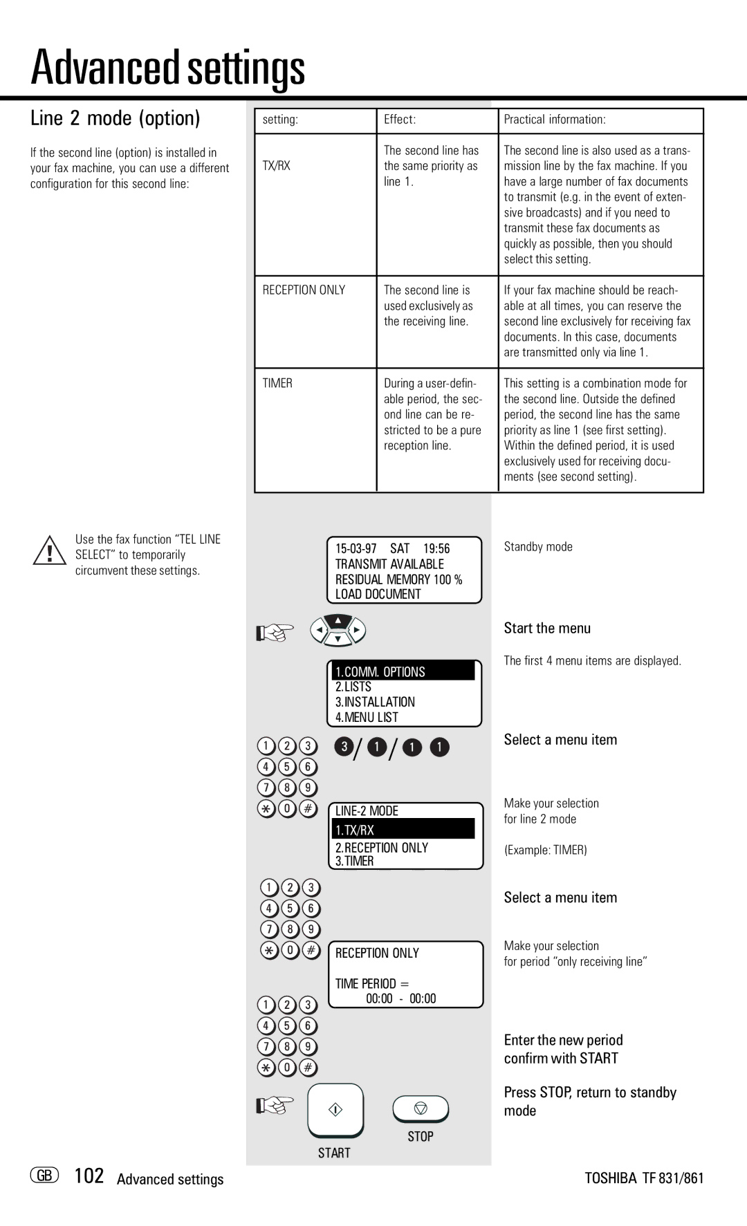 Toshiba TF831/861 manual Line 2 mode option, Press STOP, return to standby mode GB 102 Advanced settings 