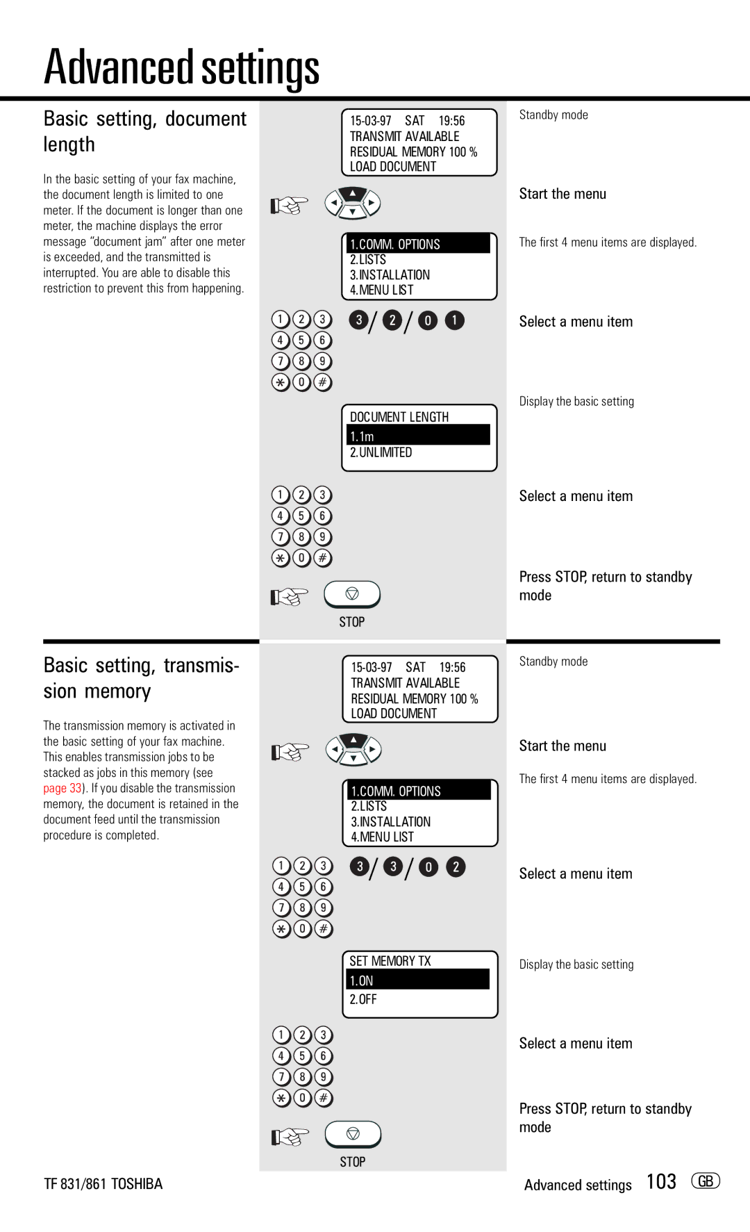 Toshiba TF831/861 manual Basic setting, document length, Basic setting, transmis- sion memory, Display the basic setting 