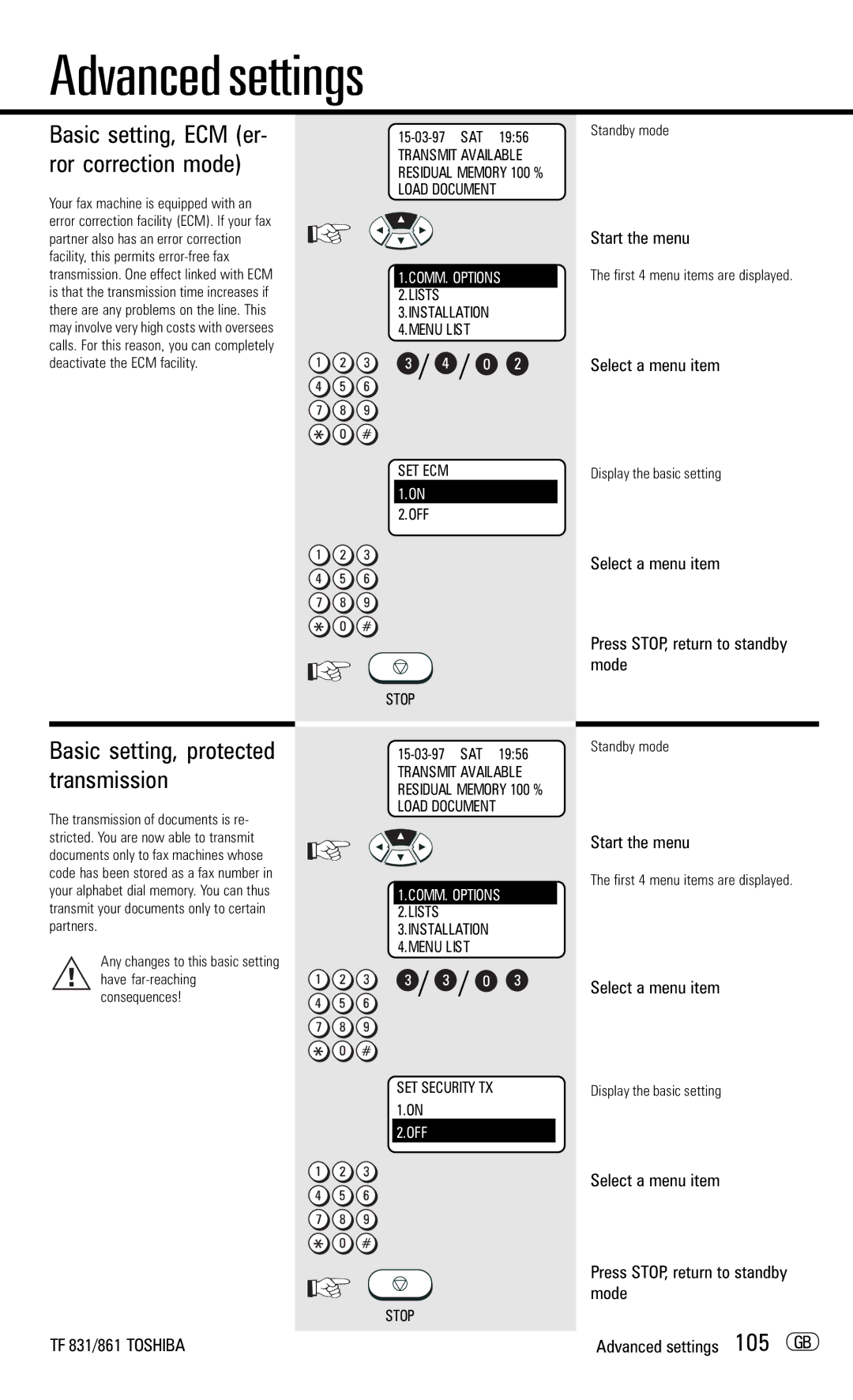 Toshiba TF831/861 manual Basic setting, ECM er- ror correction mode, Basic setting, protected transmission 