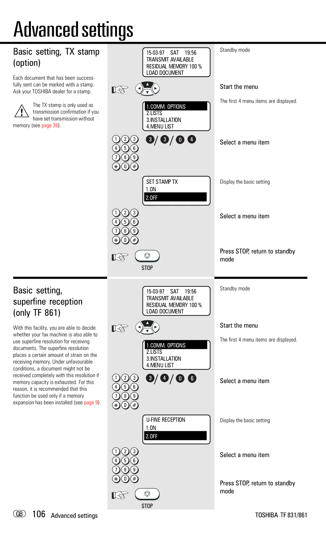 Toshiba TF831/861 Basic setting, TX stamp option, Basic setting, superfine reception only TF, GB 106 Advanced settings 