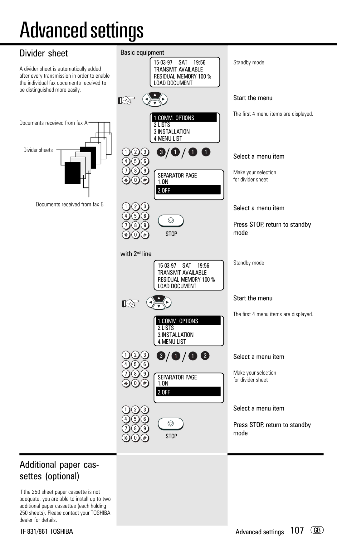 Toshiba TF831/861 manual Divider sheet, Additional paper cas- settes optional, Basic equipment, With 2nd line 