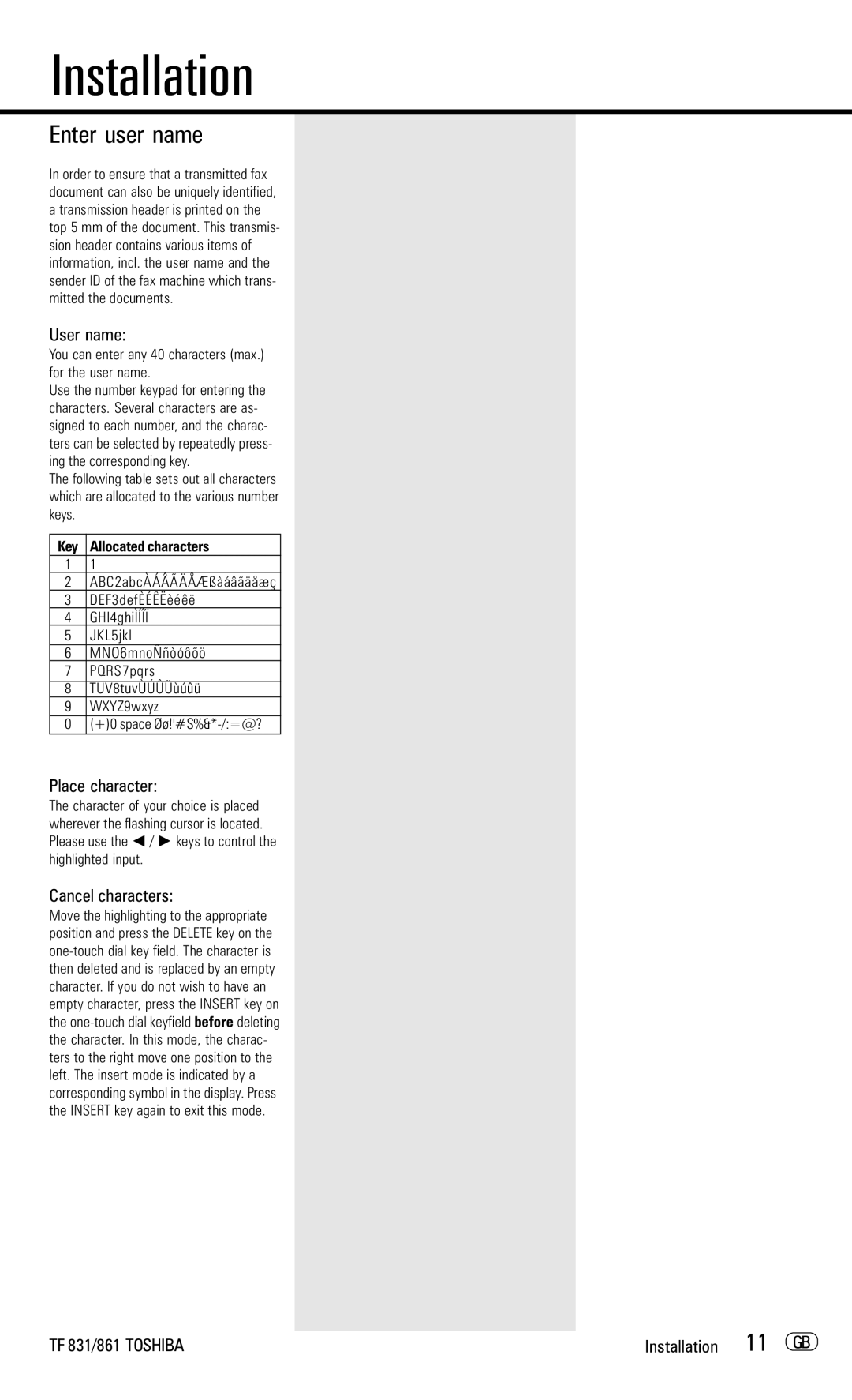 Toshiba TF831/861 Enter user name, User name, Place character, Cancel characters, TF 831/861 Toshiba Installation 11 GB 