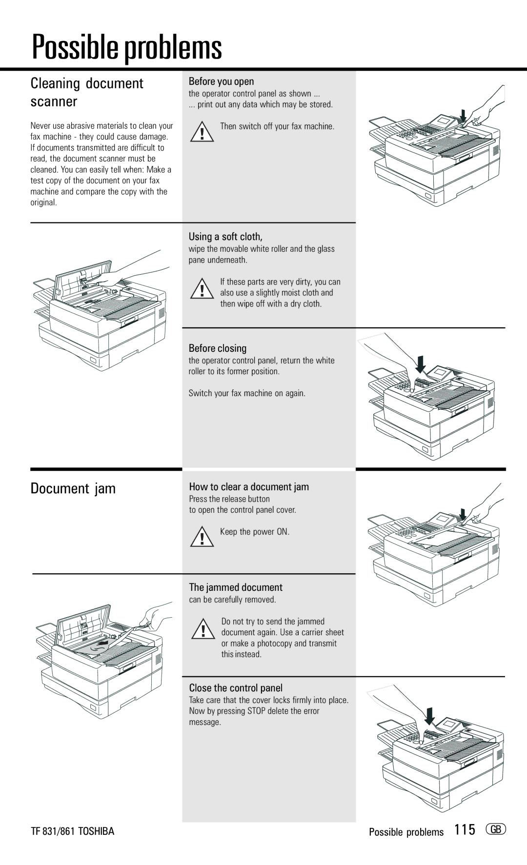 Toshiba TF831/861 manual Document jam, Cleaning document scanner 
