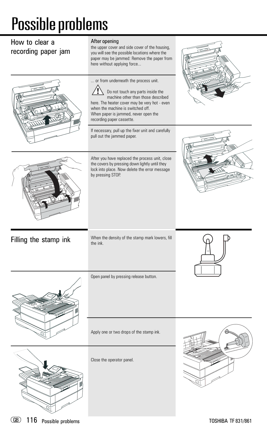 Toshiba TF831/861 How to clear a, Recording paper jam, Filling the stamp ink, After opening, GB 116 Possible problems 