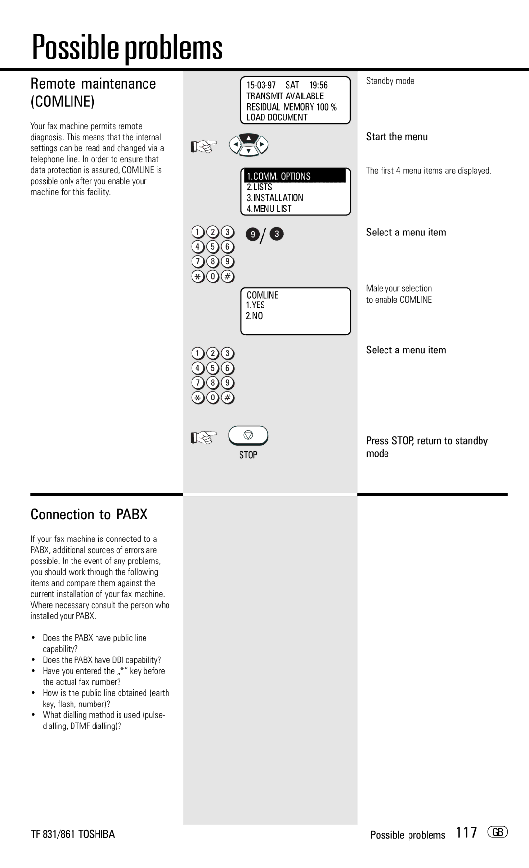 Toshiba TF831/861 manual Remote maintenance Comline, Standby mode 