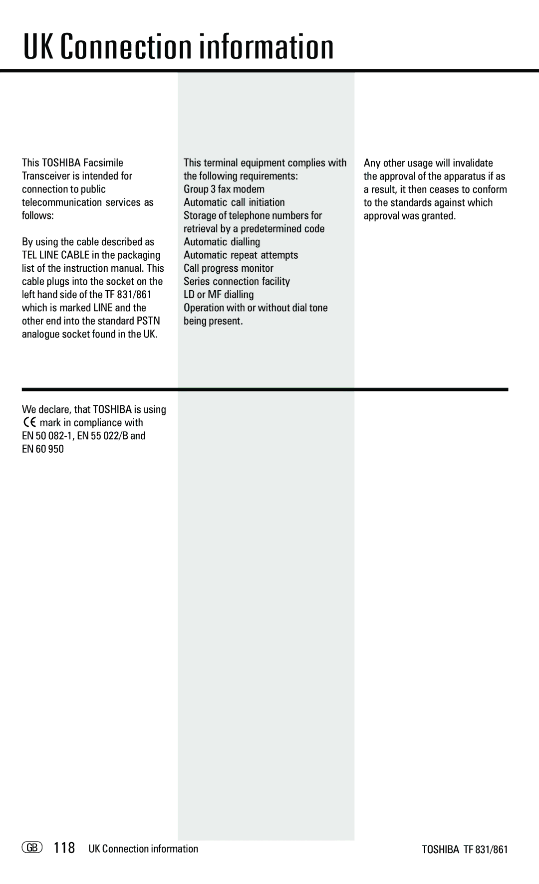 Toshiba TF831/861 manual UK Connection information 