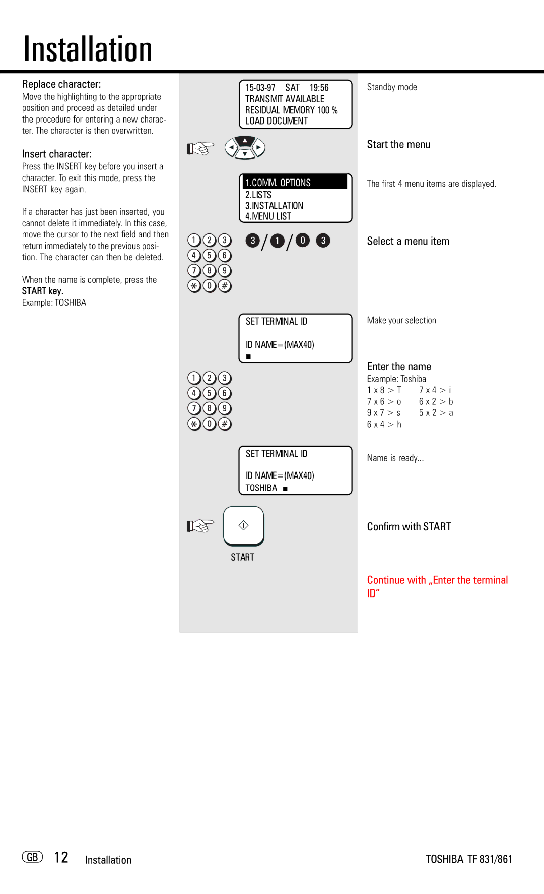 Toshiba TF831/861 manual Replace character, Insert character, Enter the name, Confirm with Start, GB 12 Installation 