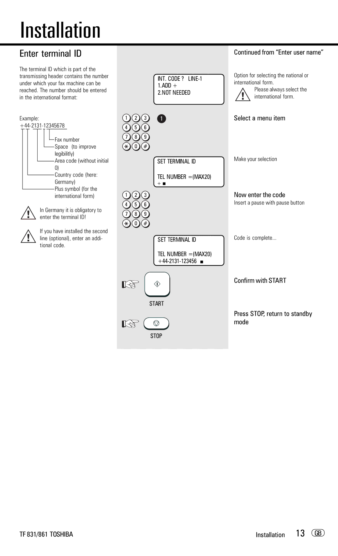 Toshiba TF831/861 manual Enter terminal ID, From Enter user name, Now enter the code 