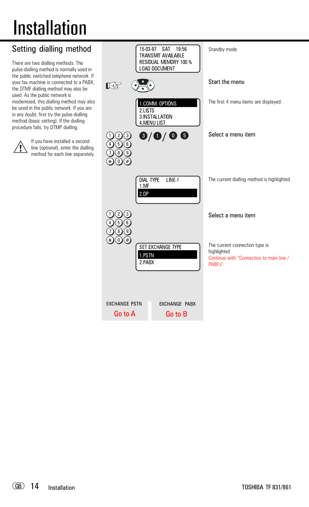 Toshiba TF831/861 manual Setting dialling method, GB 14 Installation, Current dialling method is highlighted 