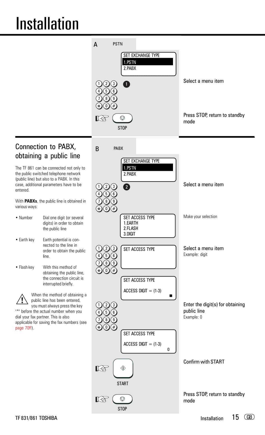 Toshiba TF831/861 manual Connection to Pabx, Obtaining a public line, Select a menu item Press STOP, return to standby mode 