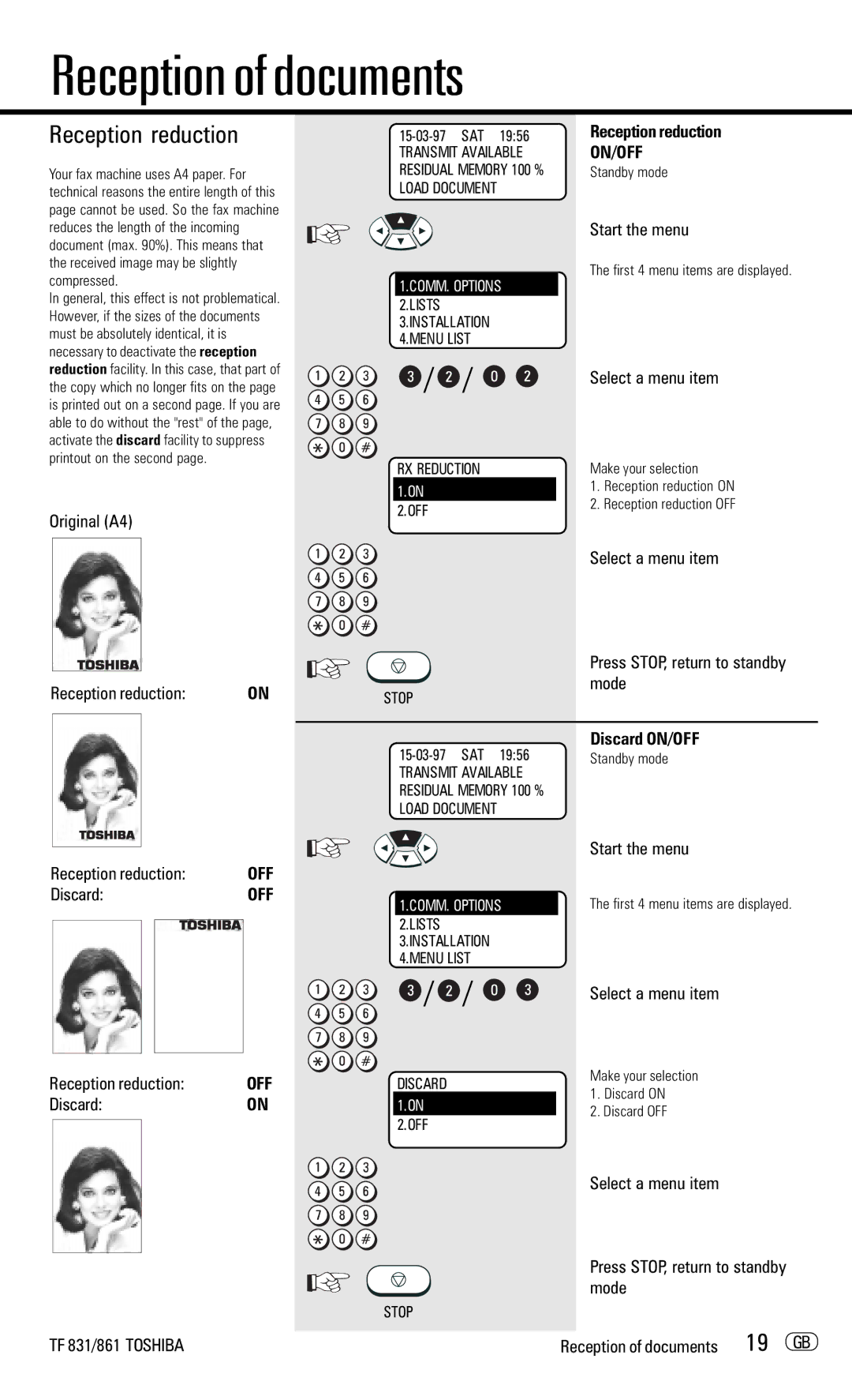 Toshiba TF831/861 manual Reception reduction, 19 GB, Discard ON/OFF 