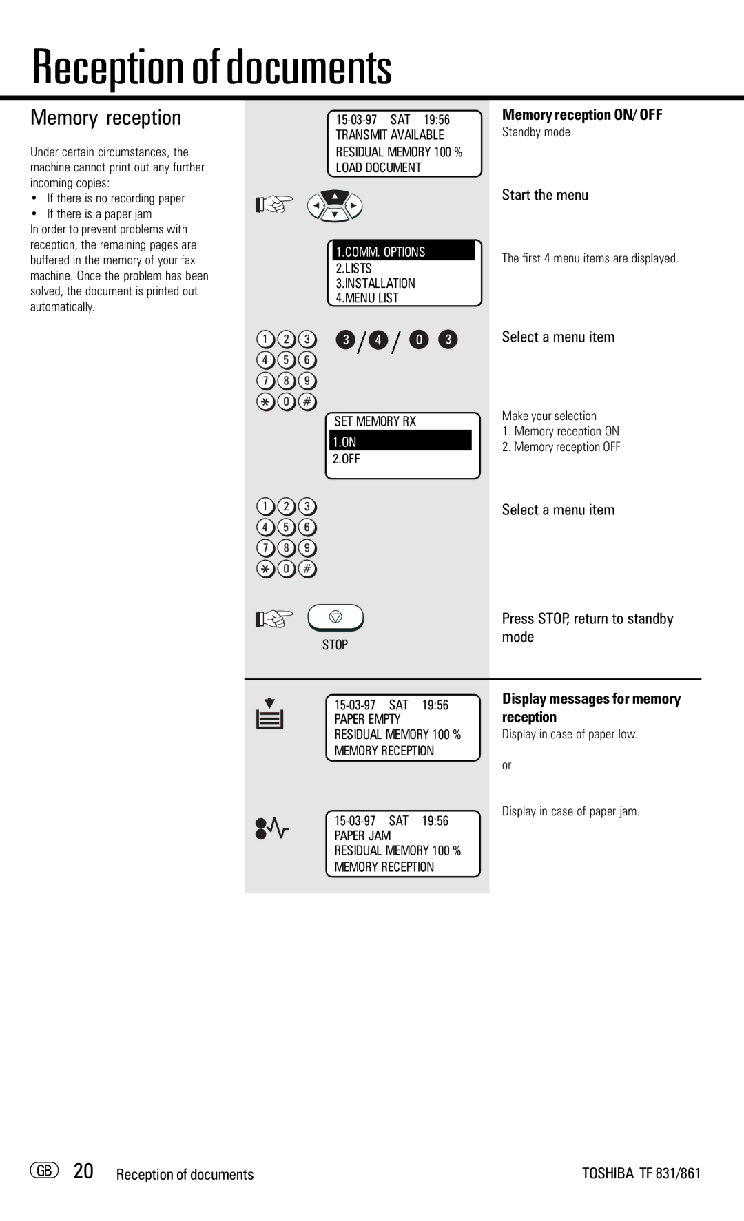 Toshiba TF831/861 manual Memory reception ON/ OFF, Display messages for memory reception 